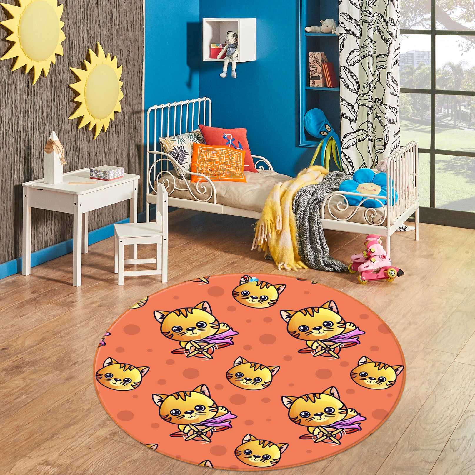 3D Yellow Cat Pattern 75049 Round Non Slip Rug Mat