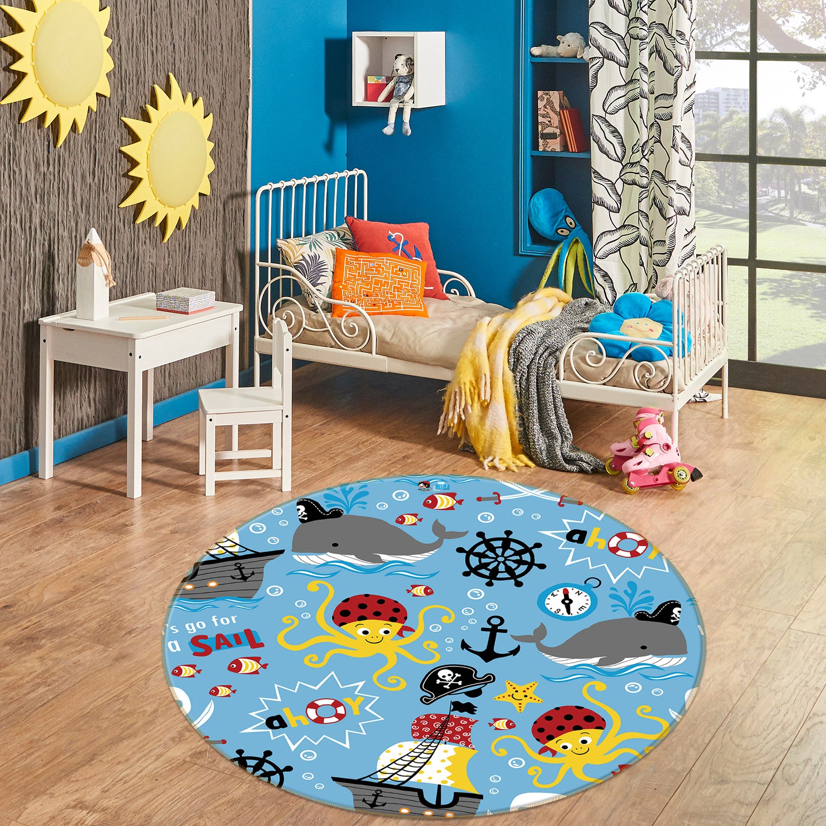 3D Octopus Whale 75043 Round Non Slip Rug Mat