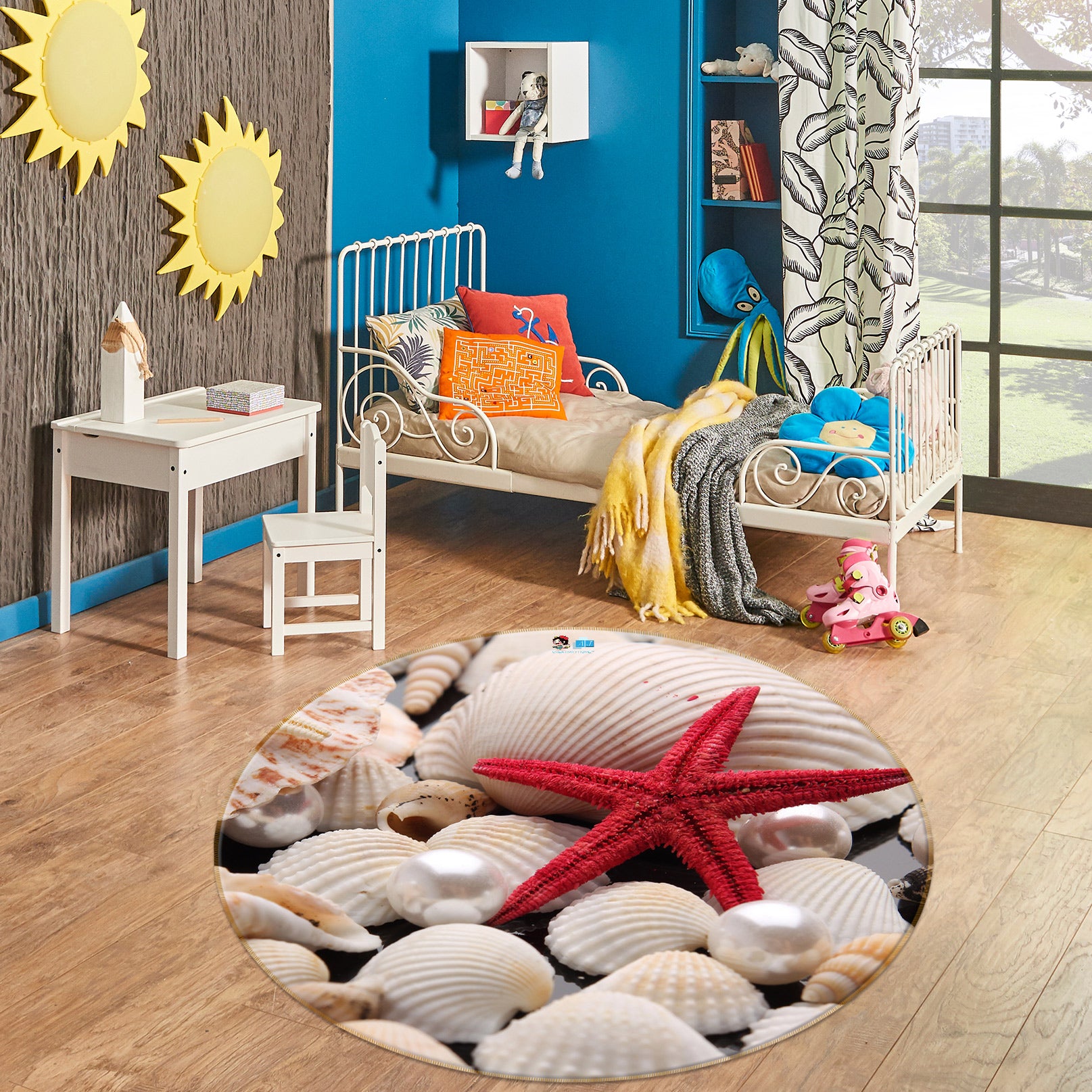 3D Starfish Shell Pearl 72201 Round Non Slip Rug Mat