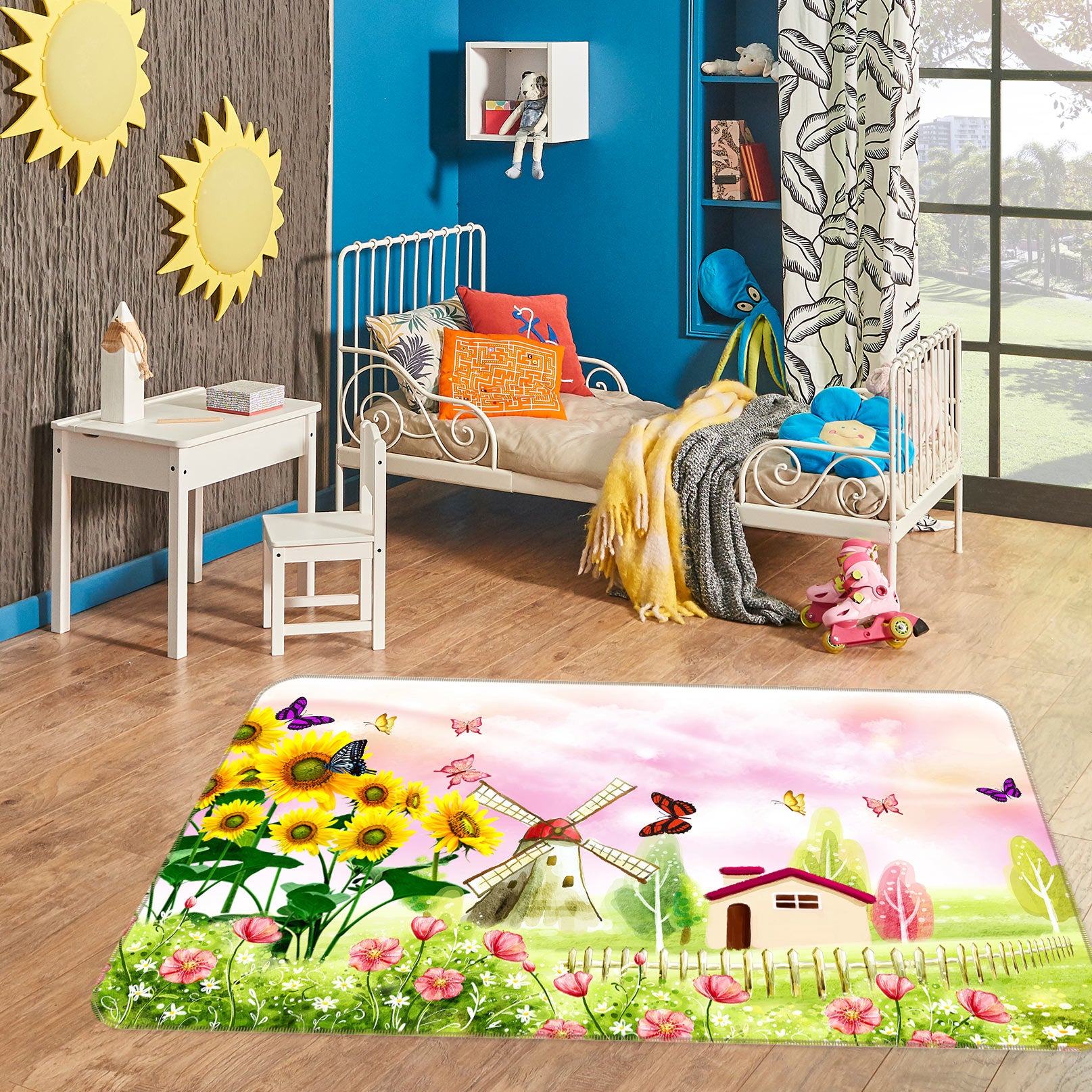 3D Flower Bush Cottage Windmill 76021 Non Slip Rug Mat