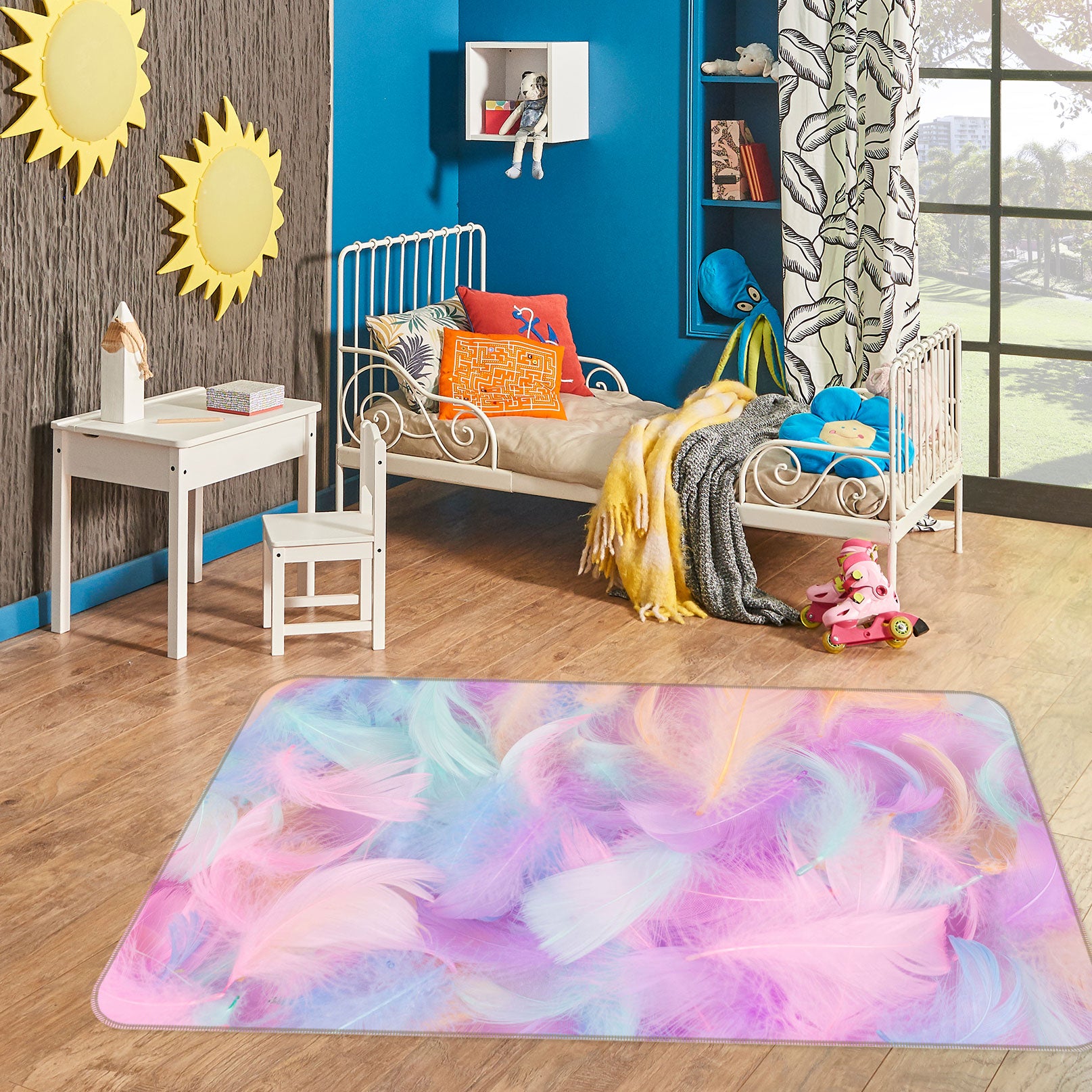3D Pink Blue Feather 30042 Non Slip Rug Mat