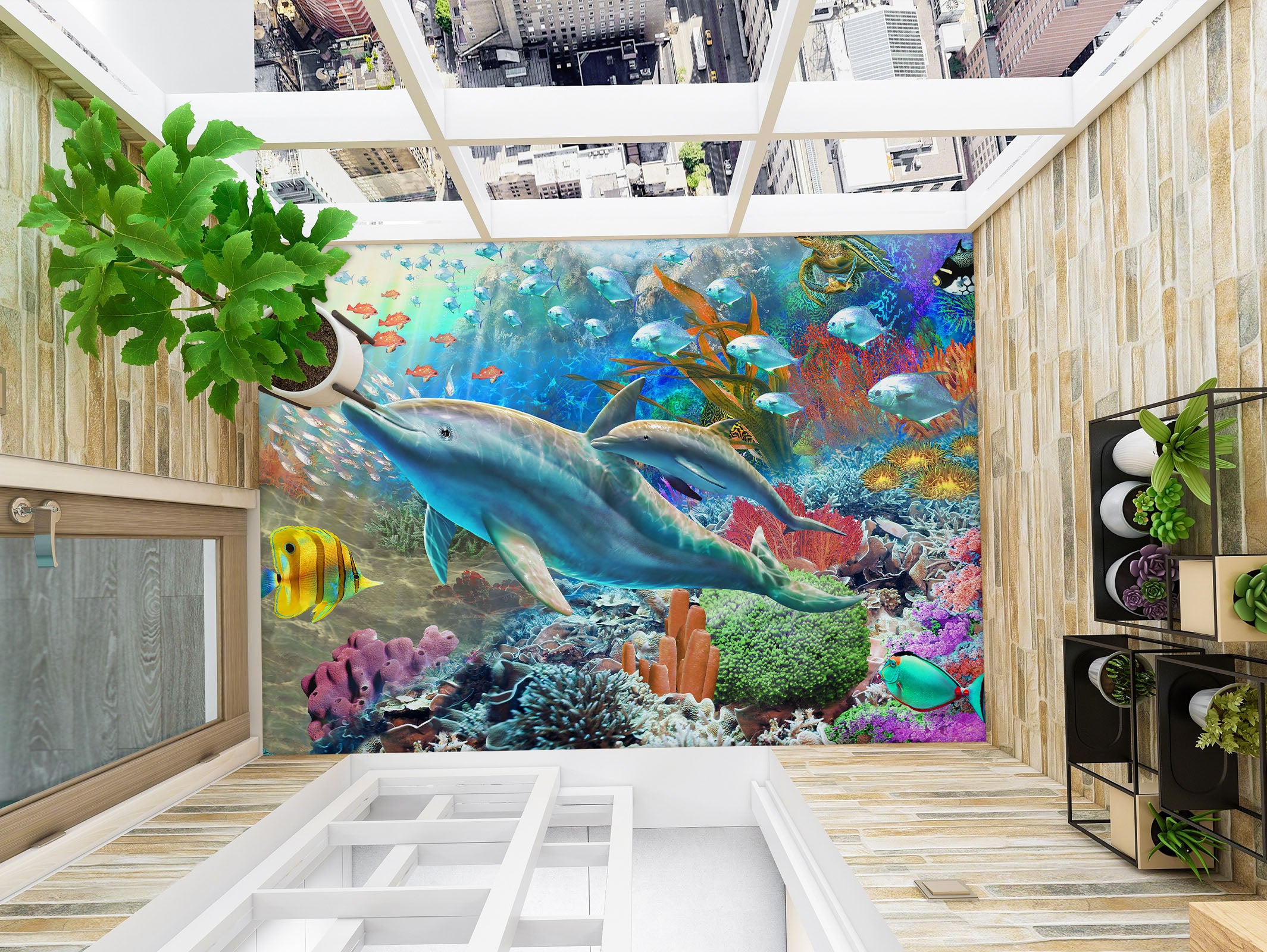 3D Seabed Colorful Coral Dolphin 98167 Adrian Chesterman Floor Mural