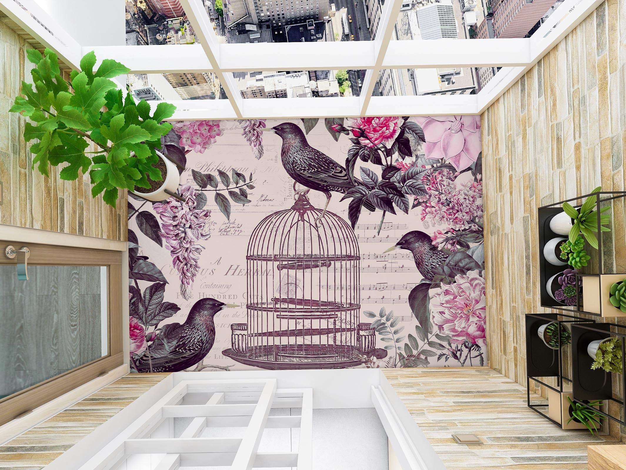 3D Birdcage Pink Flower Bush 140134 Andrea Haase Floor Mural