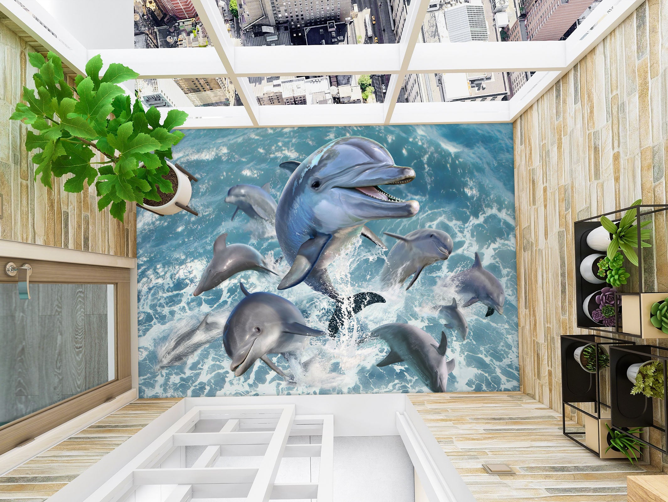 3D Dolphin Jumping Waves 96218 Jerry LoFaro Floor Mural