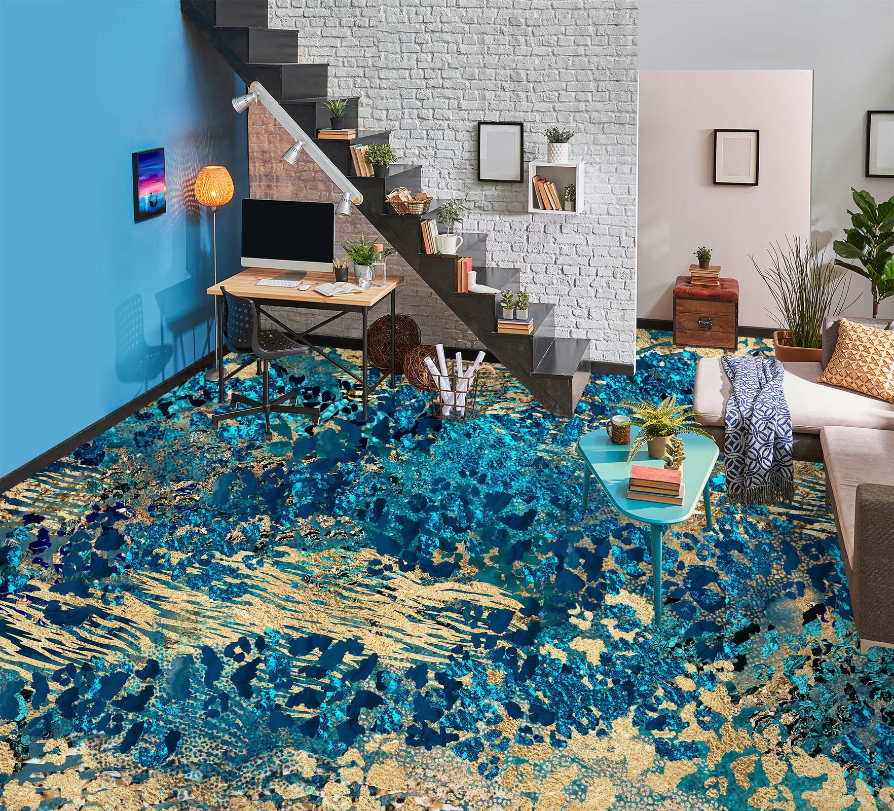 3D Blue Gold Pattern 102144 Andrea Haase Floor Mural