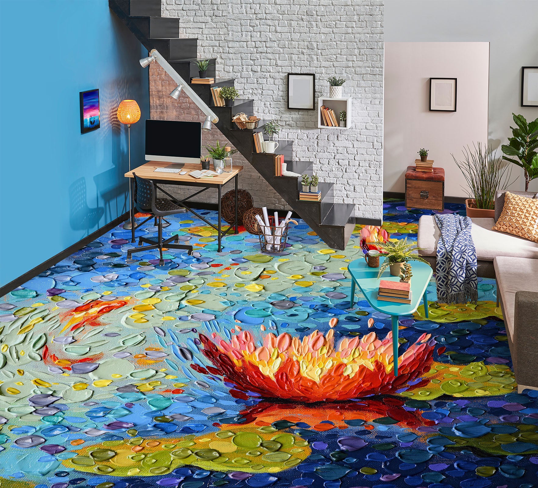 3D Red Lotus Pond 102159 Dena Tollefson Floor Mural