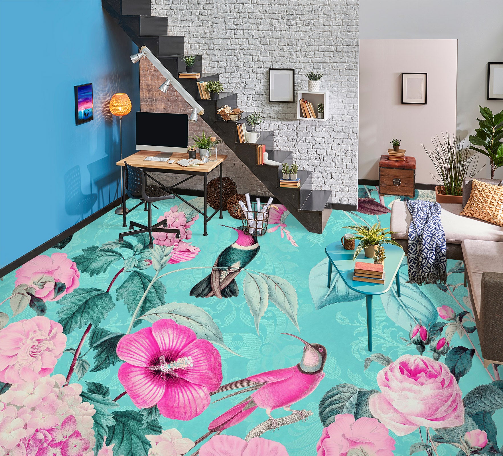 3D Pink Flower Bird Blue 104153 Andrea Haase Floor Mural
