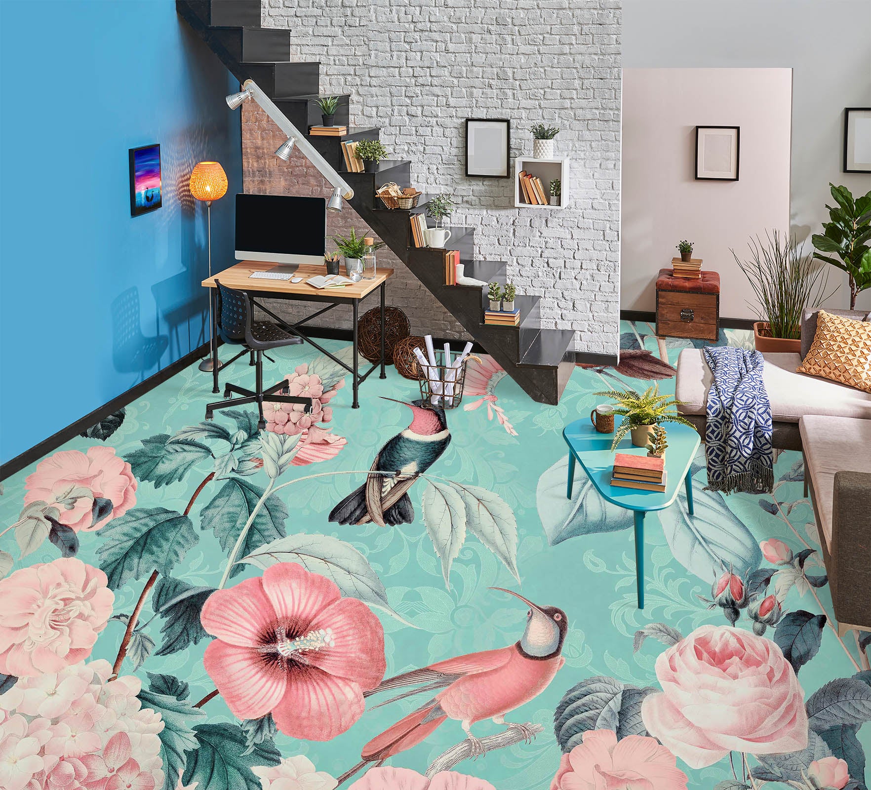 3D Bird Pink Flower 104154 Andrea Haase Floor Mural