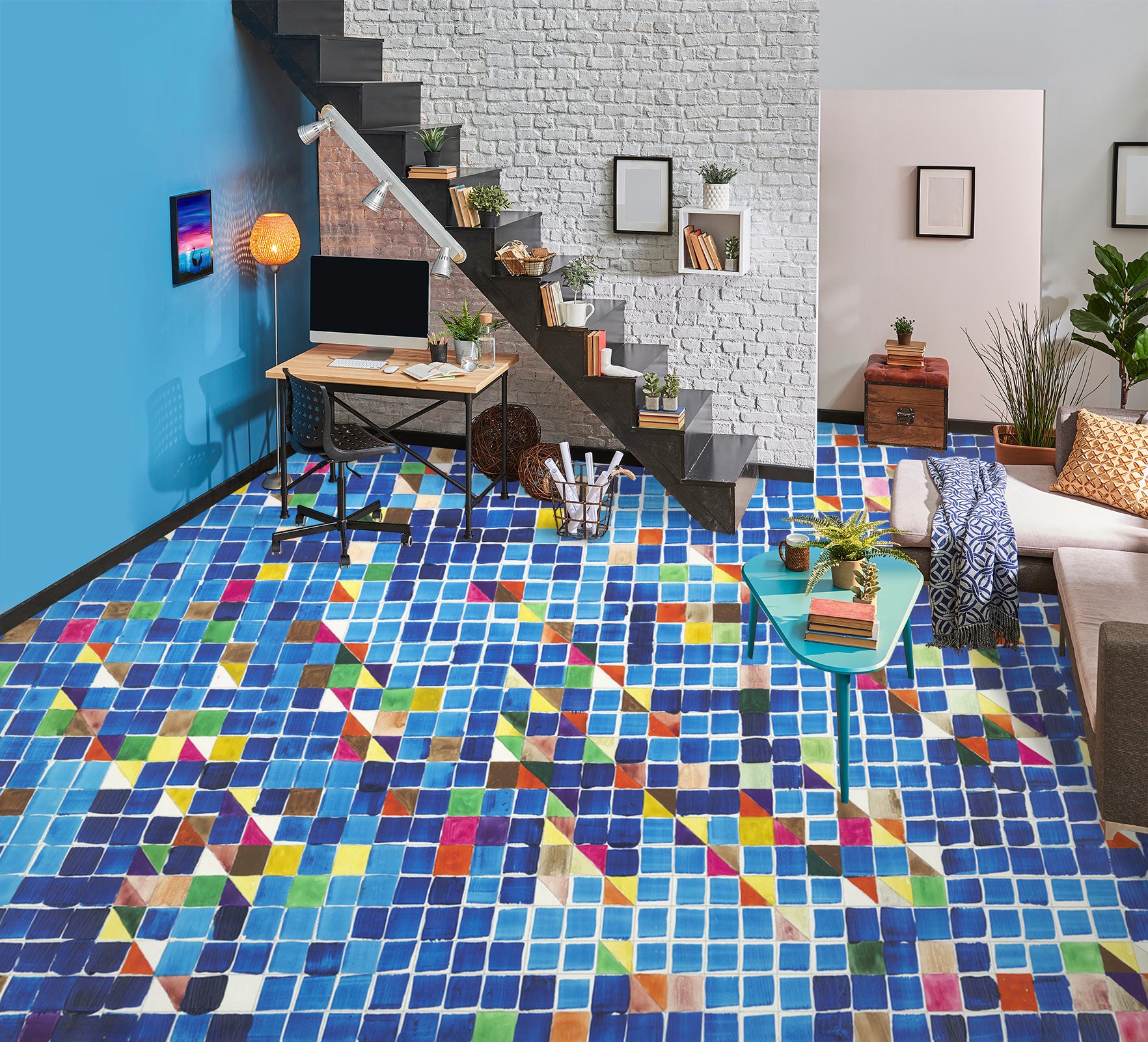 3D Blue Colored Mosaic Tiles 9687 Allan P. Friedlander Floor Mural