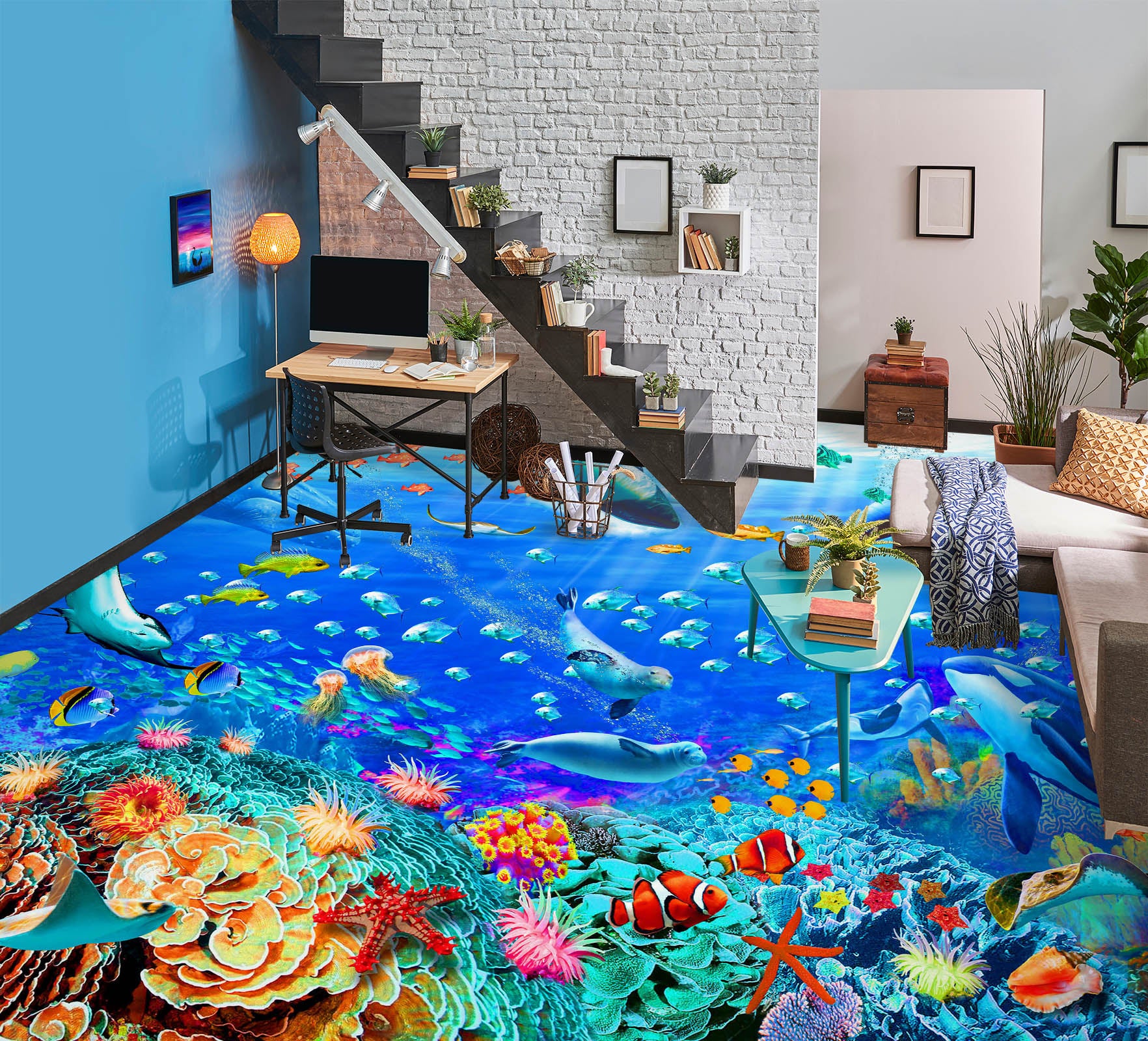3D Sea Whale Seal Fish Coral 96212 Adrian Chesterman Floor Mural