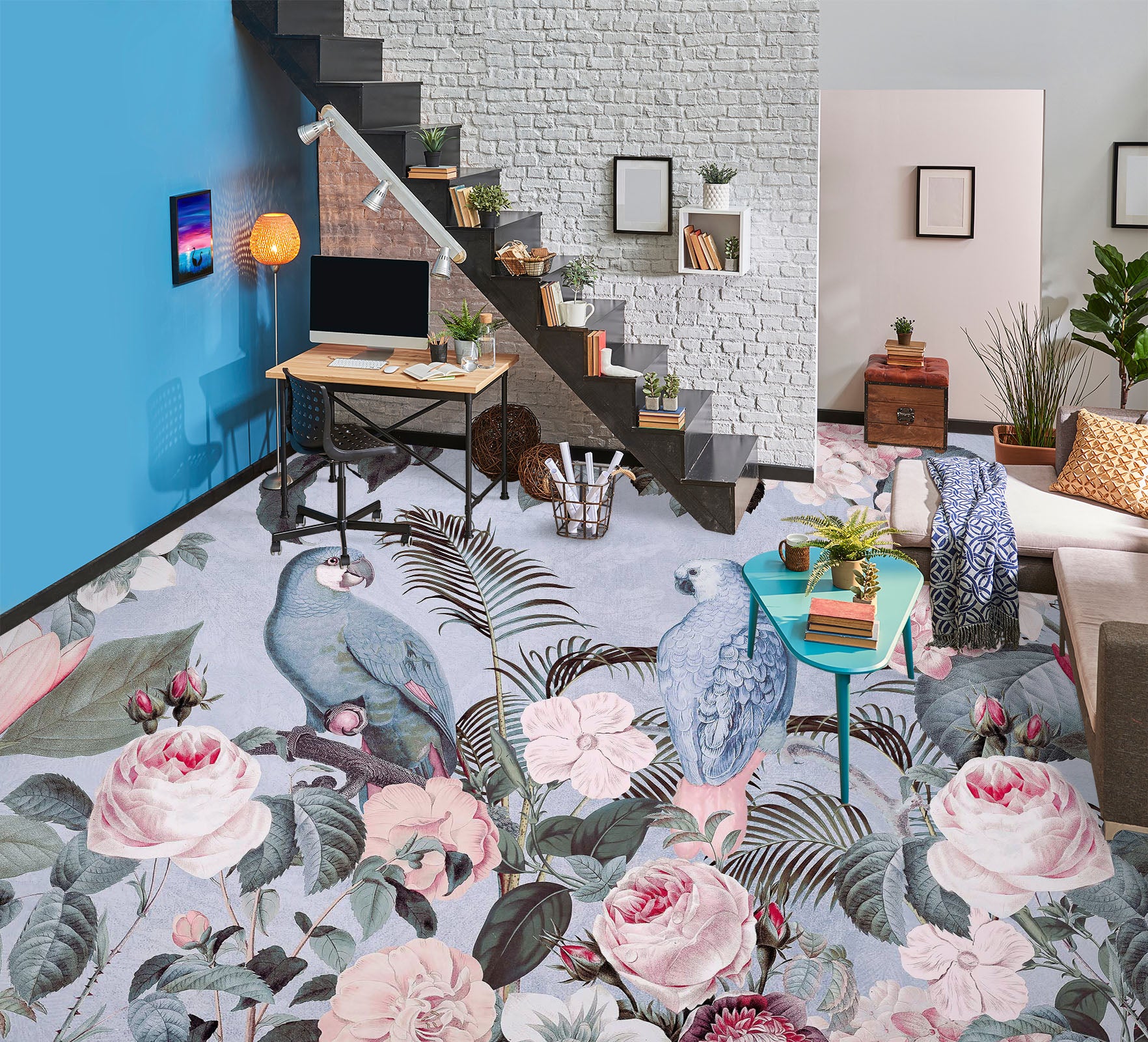 3D Parrot Flower Bush 104158 Andrea Haase Floor Mural