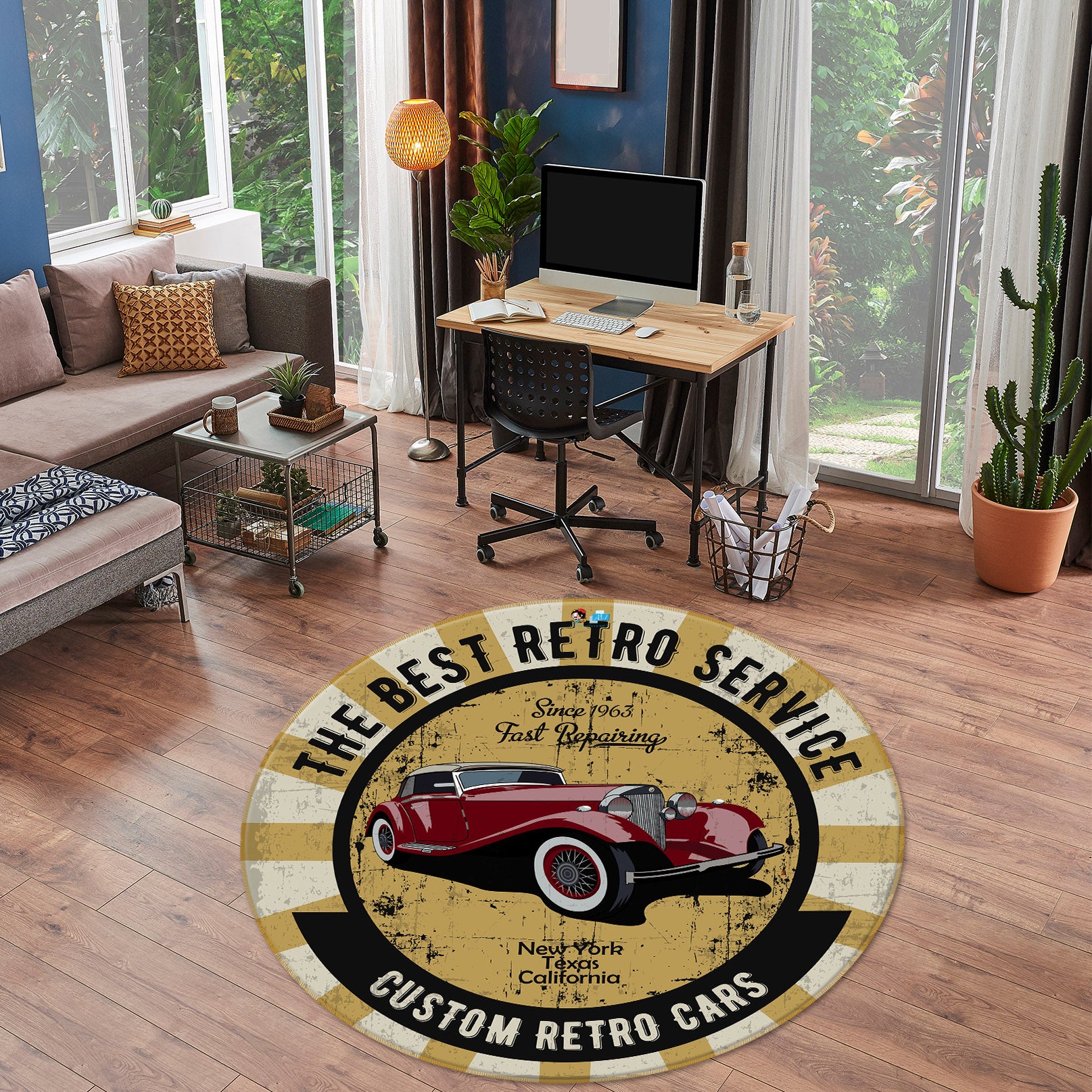 3D Retro Car 74265 Round Non Slip Rug Mat