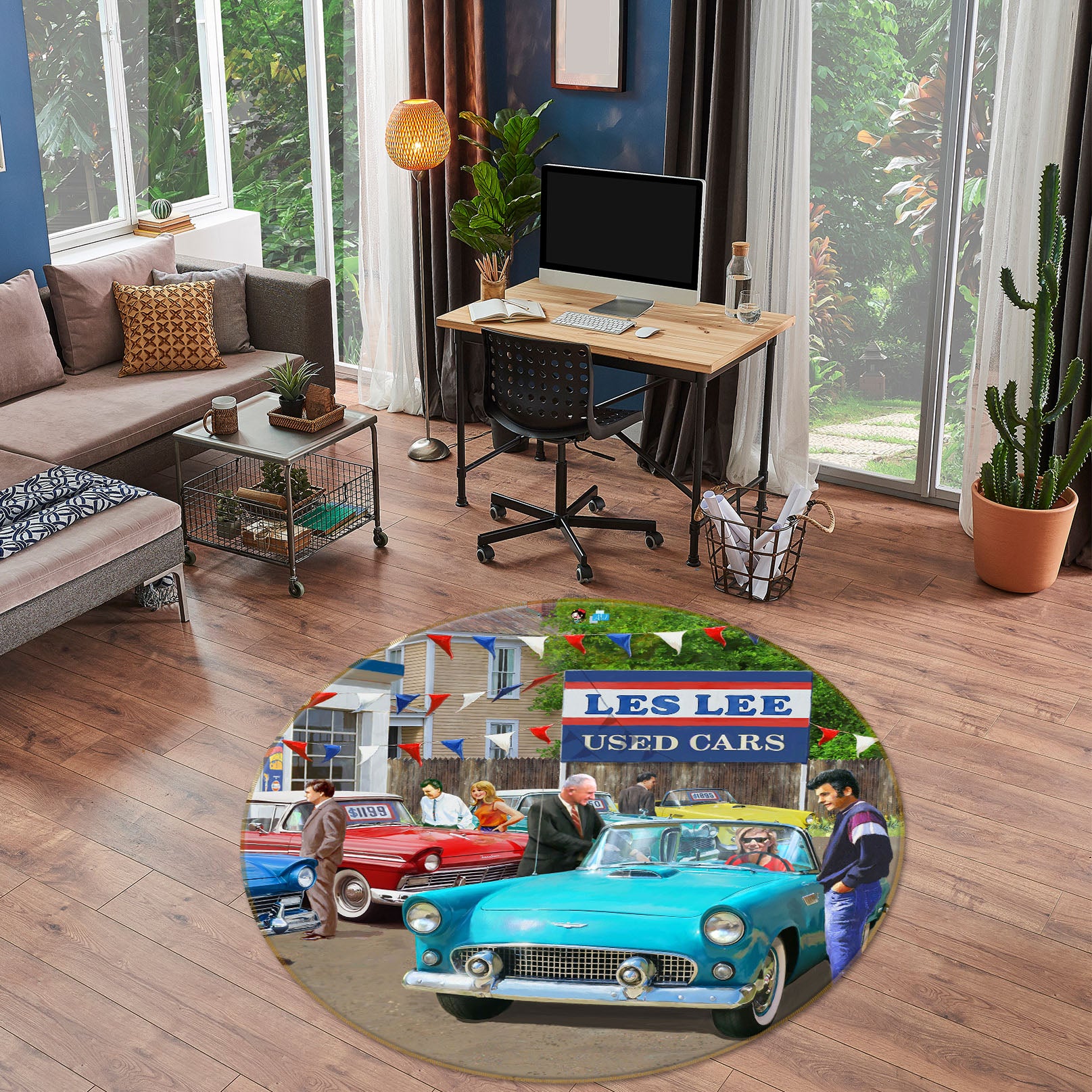 3D Blue Car 073 Kevin Walsh Rug Round Non Slip Rug Mat