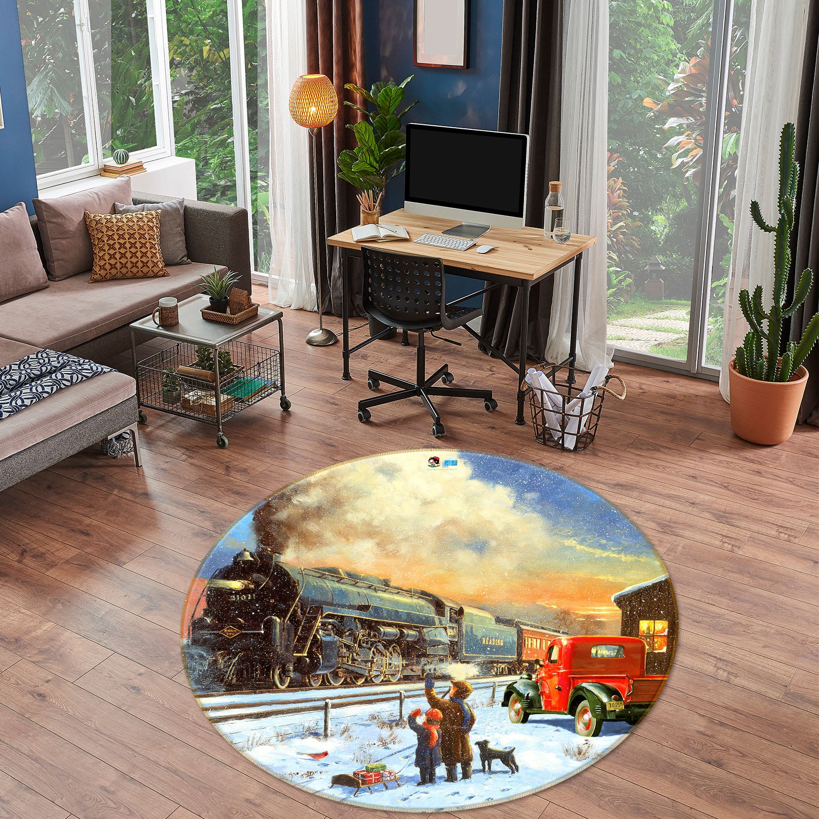 3D Train Station Snow 055 Kevin Walsh Rug Round Non Slip Rug Mat