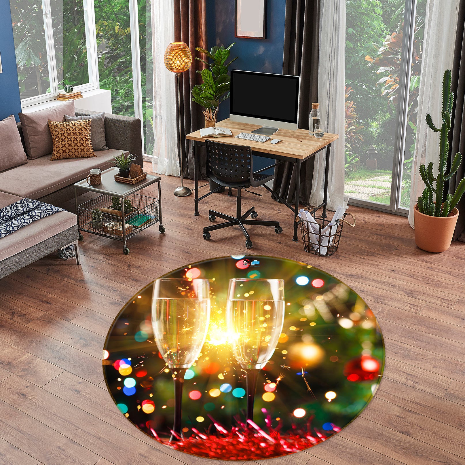 3D Wine Glass 54020 Christmas Round Non Slip Rug Mat Xmas