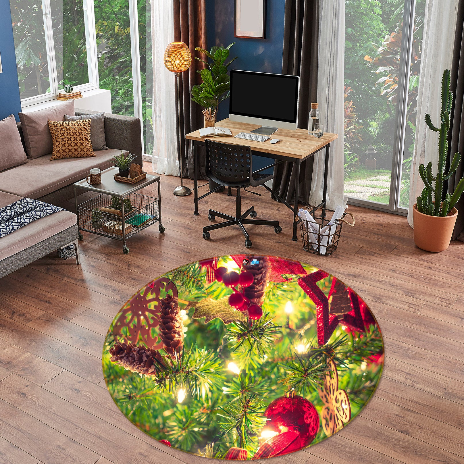3D Branches Pineta 54109 Christmas Round Non Slip Rug Mat Xmas