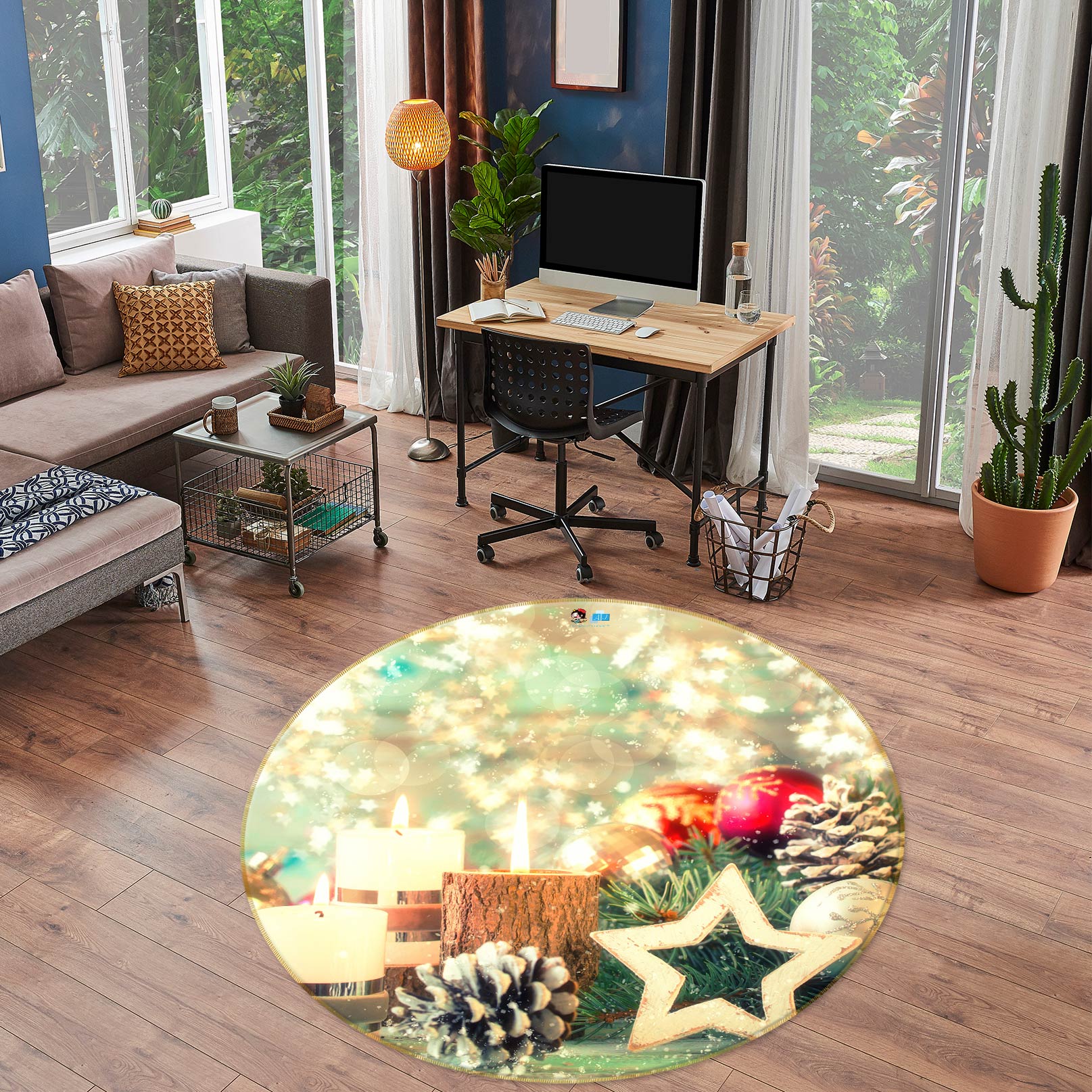 3D Pineta Five-Pointed Star 54022 Christmas Round Non Slip Rug Mat Xmas