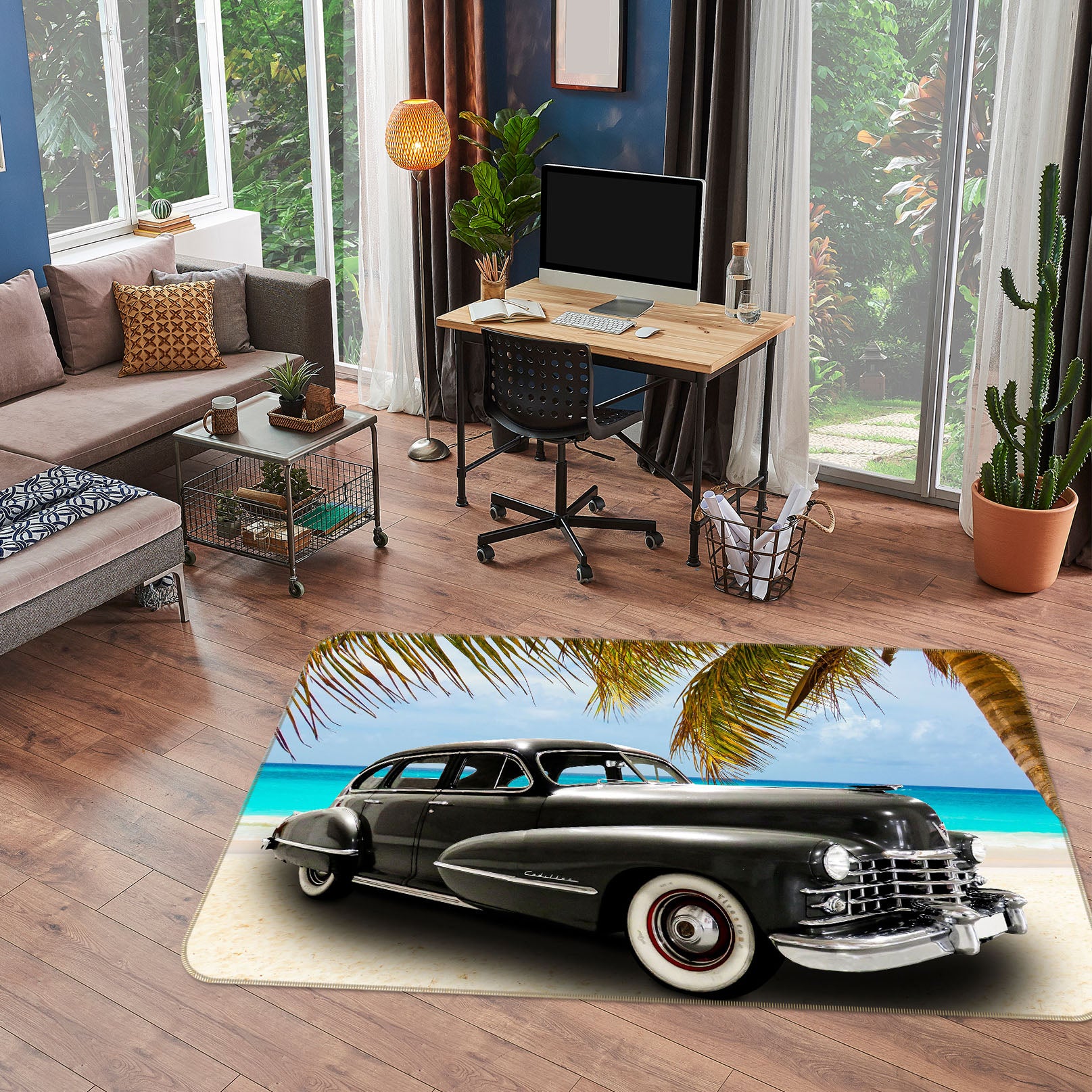 3D Retro Black Car 42119 Vehicle Non Slip Rug Mat