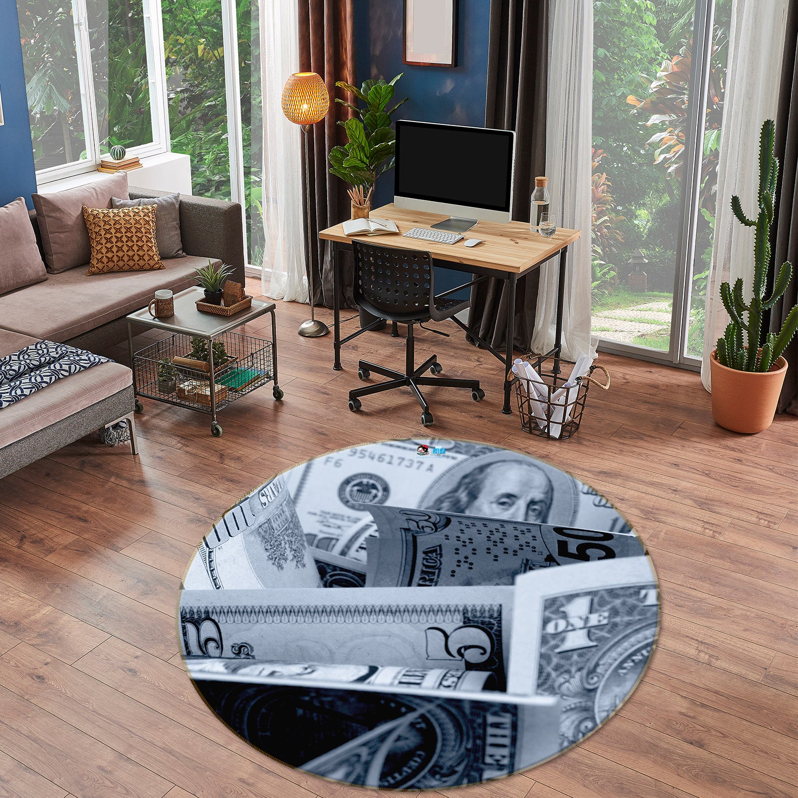 3D Black White Money 74165 Round Non Slip Rug Mat