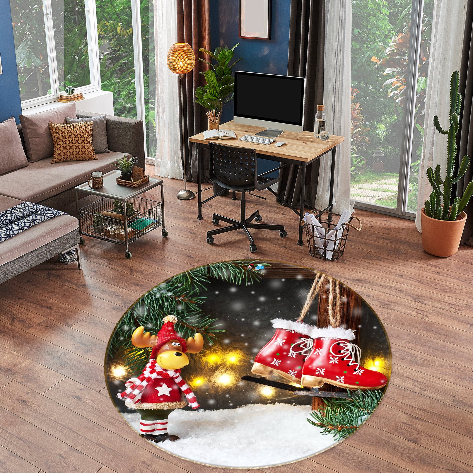 3D Snowshoe Deer 54101 Christmas Round Non Slip Rug Mat Xmas