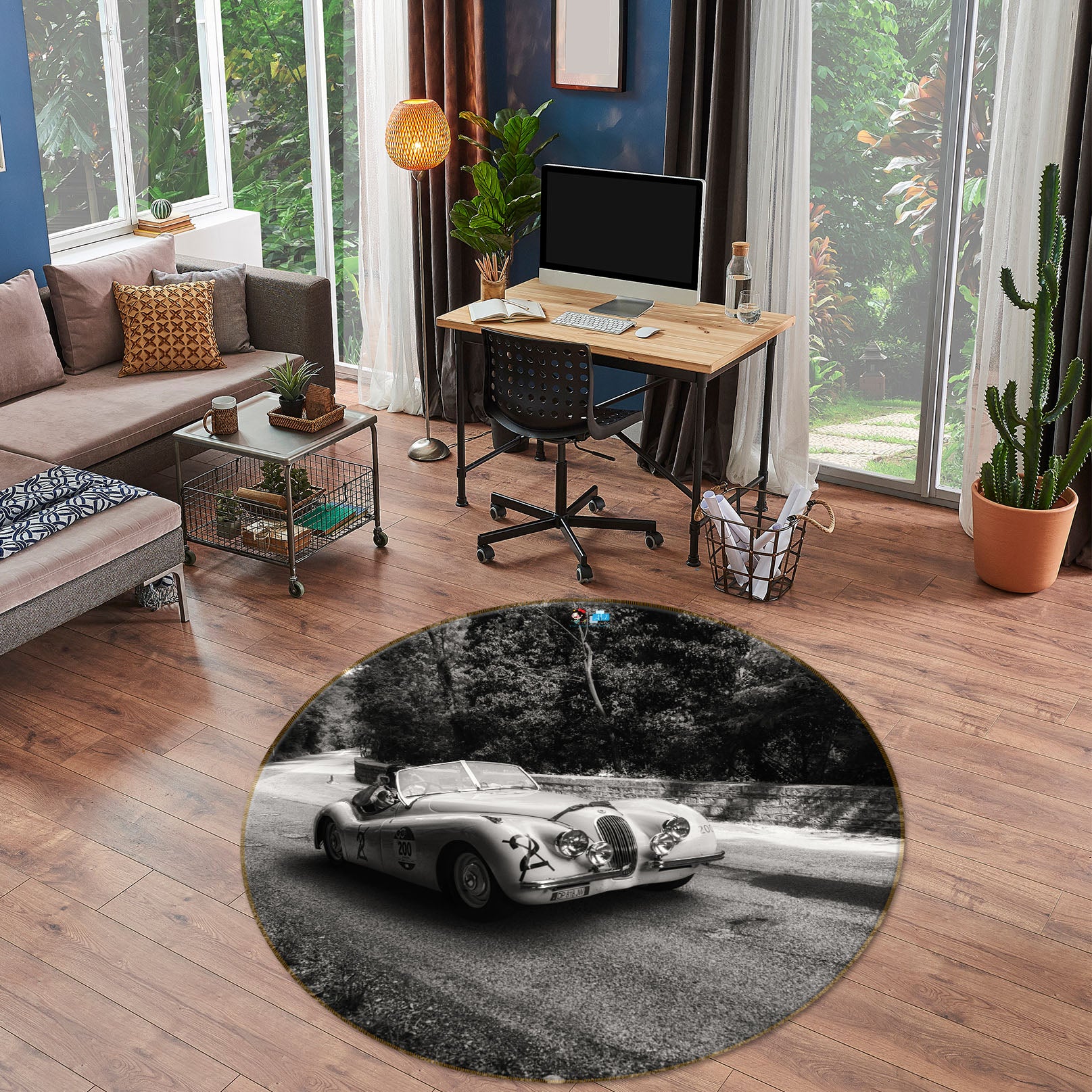 3D Black White Sports Car 74185 Round Non Slip Rug Mat