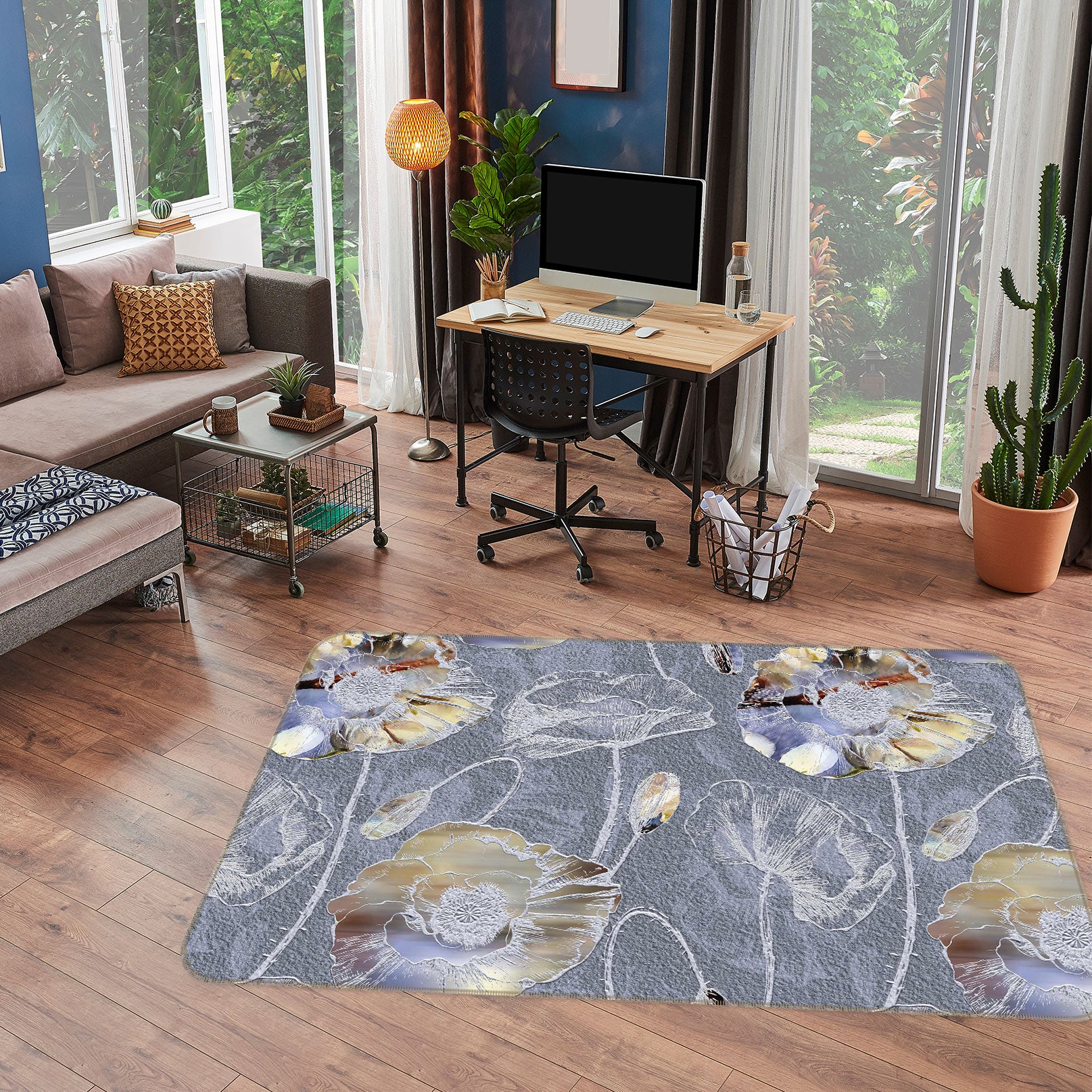 3D Grey Flower Pattern 33029 Non Slip Rug Mat