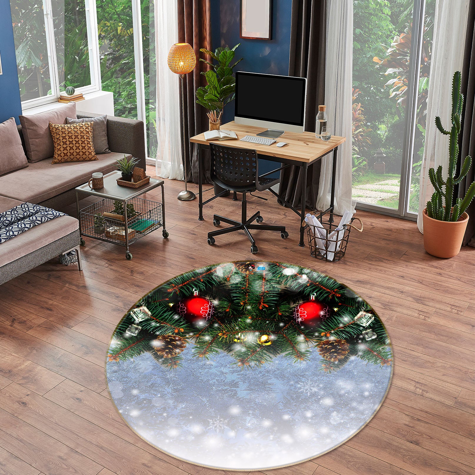 3D Snowflake Branches 54187 Christmas Round Non Slip Rug Mat Xmas