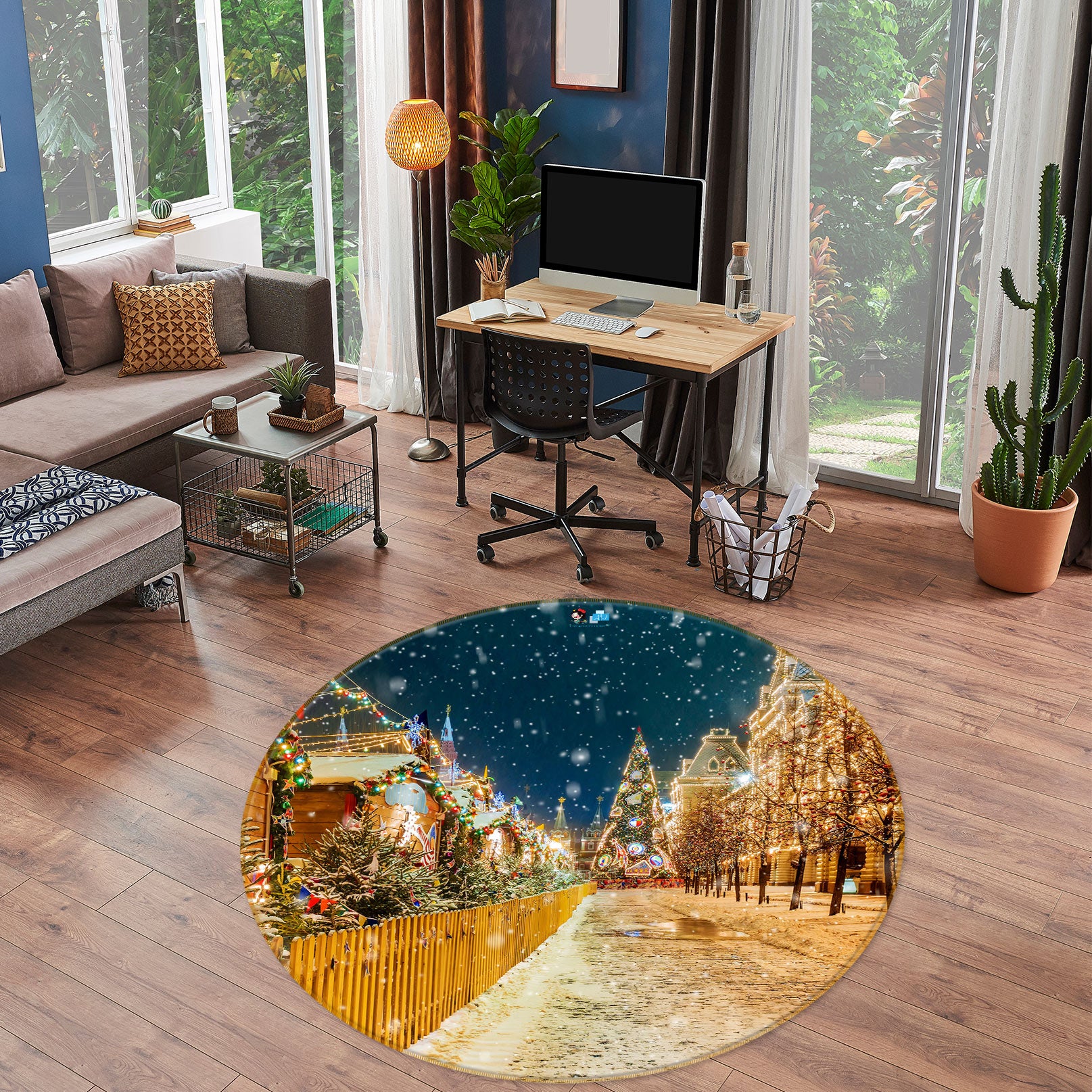 3D Street Snow Tree 54055 Christmas Round Non Slip Rug Mat Xmas