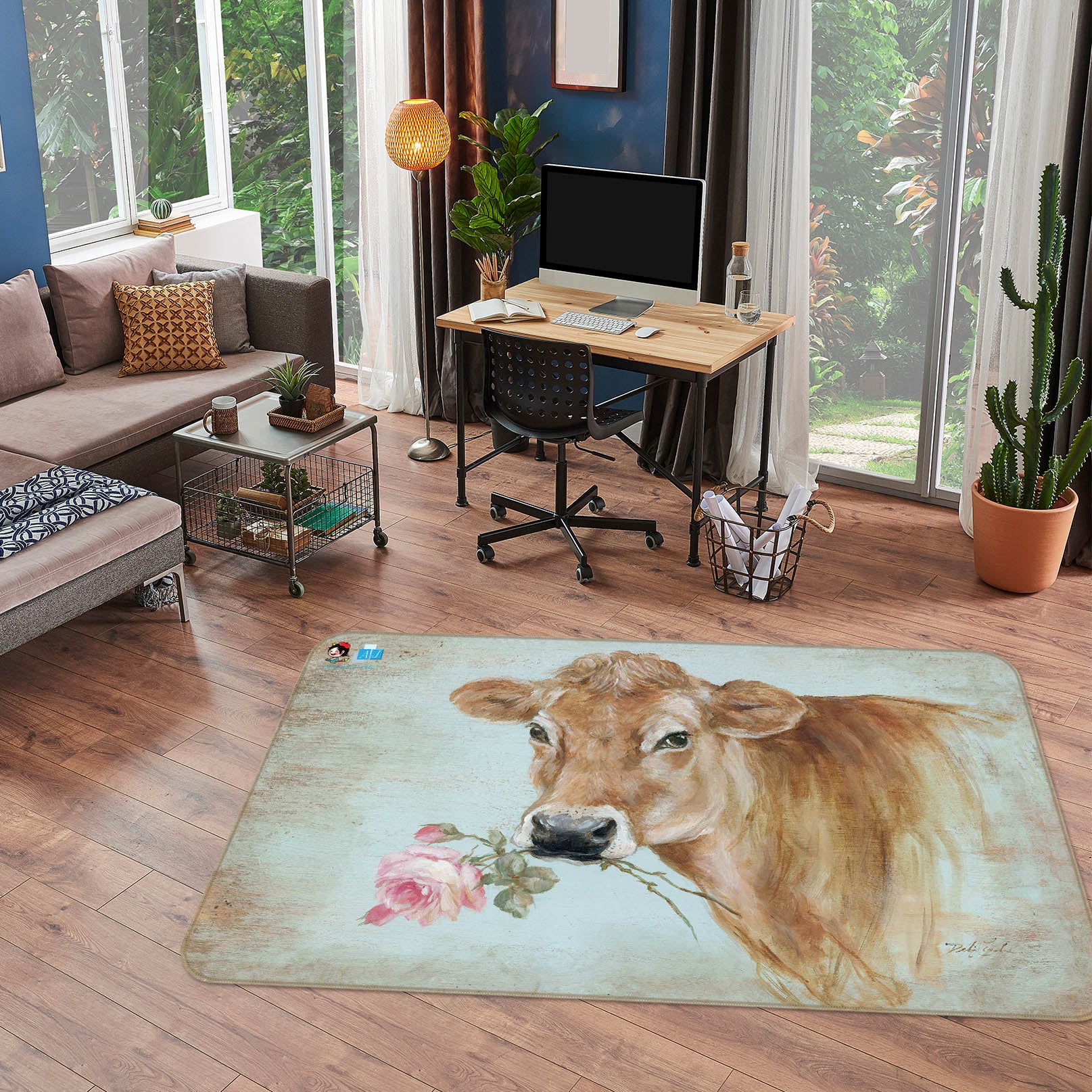 3D Cow With Flowers 1007 Debi Coules Rug Non Slip Rug Mat