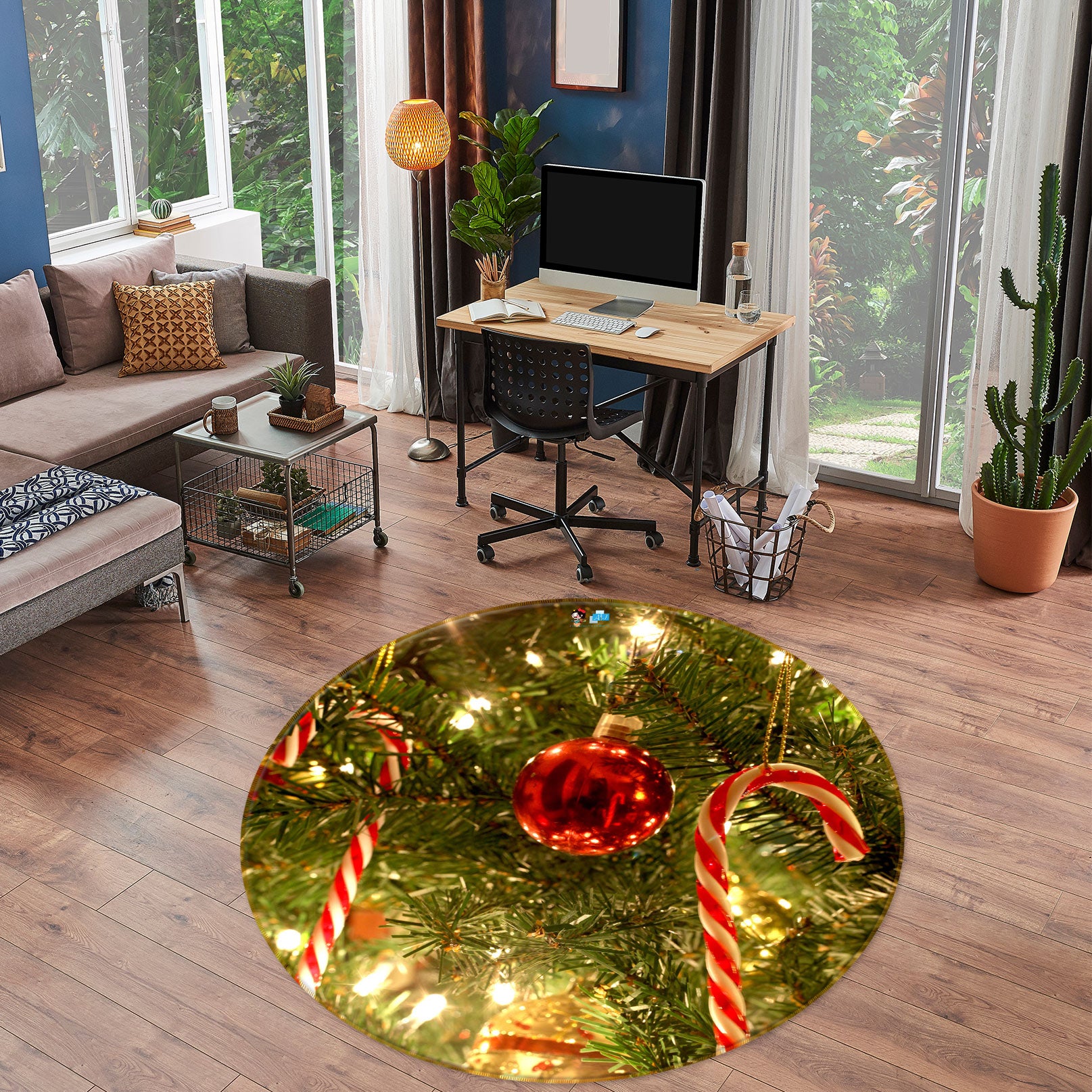 3D Red Ball Candy Cane Pendant 54066 Christmas Round Non Slip Rug Mat Xmas