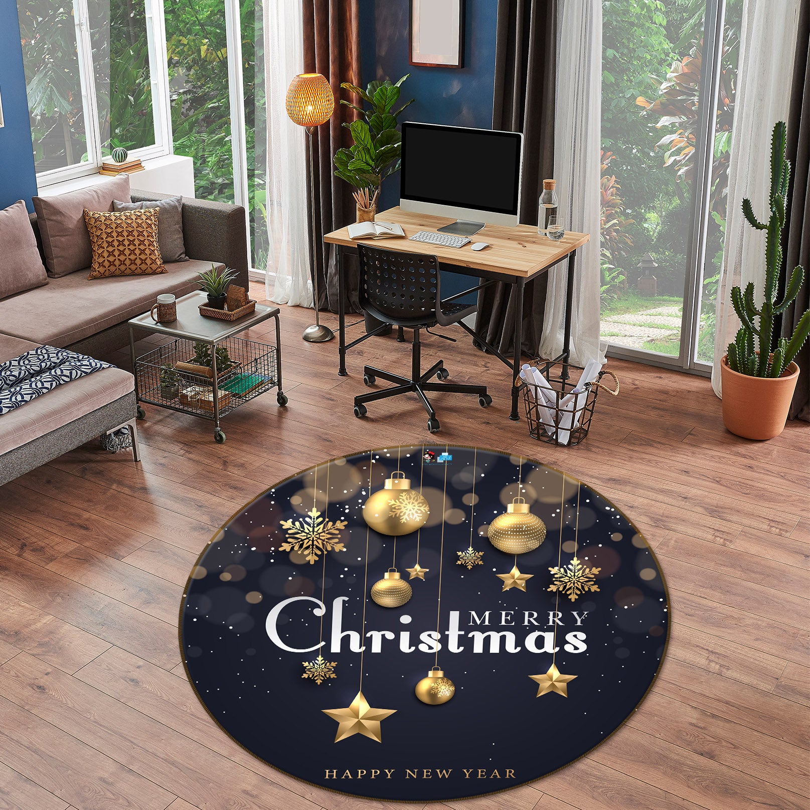 3D Golden Star Ball 74249 Round Non Slip Rug Mat