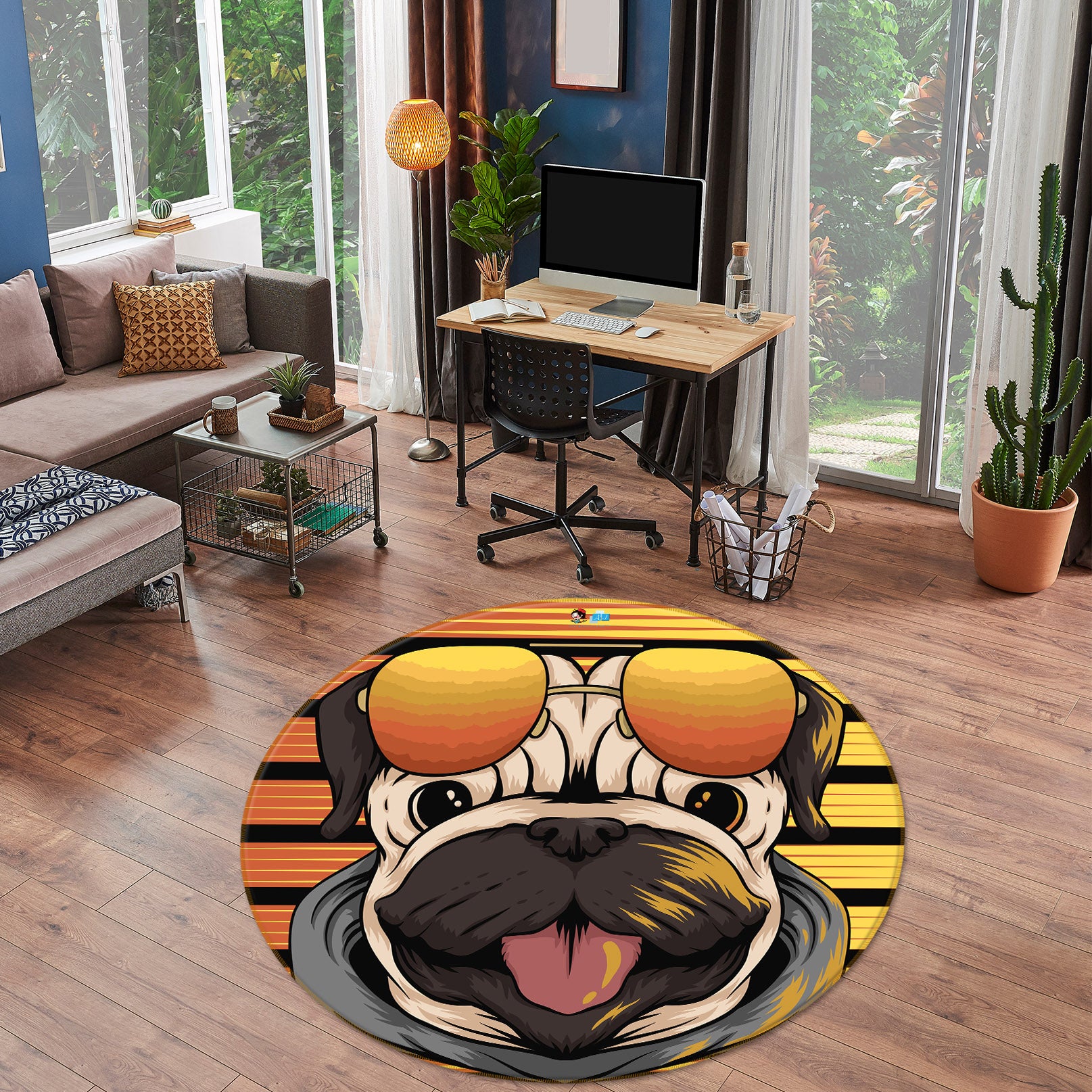 3D Sunglasses Pug Dog 74244 Round Non Slip Rug Mat