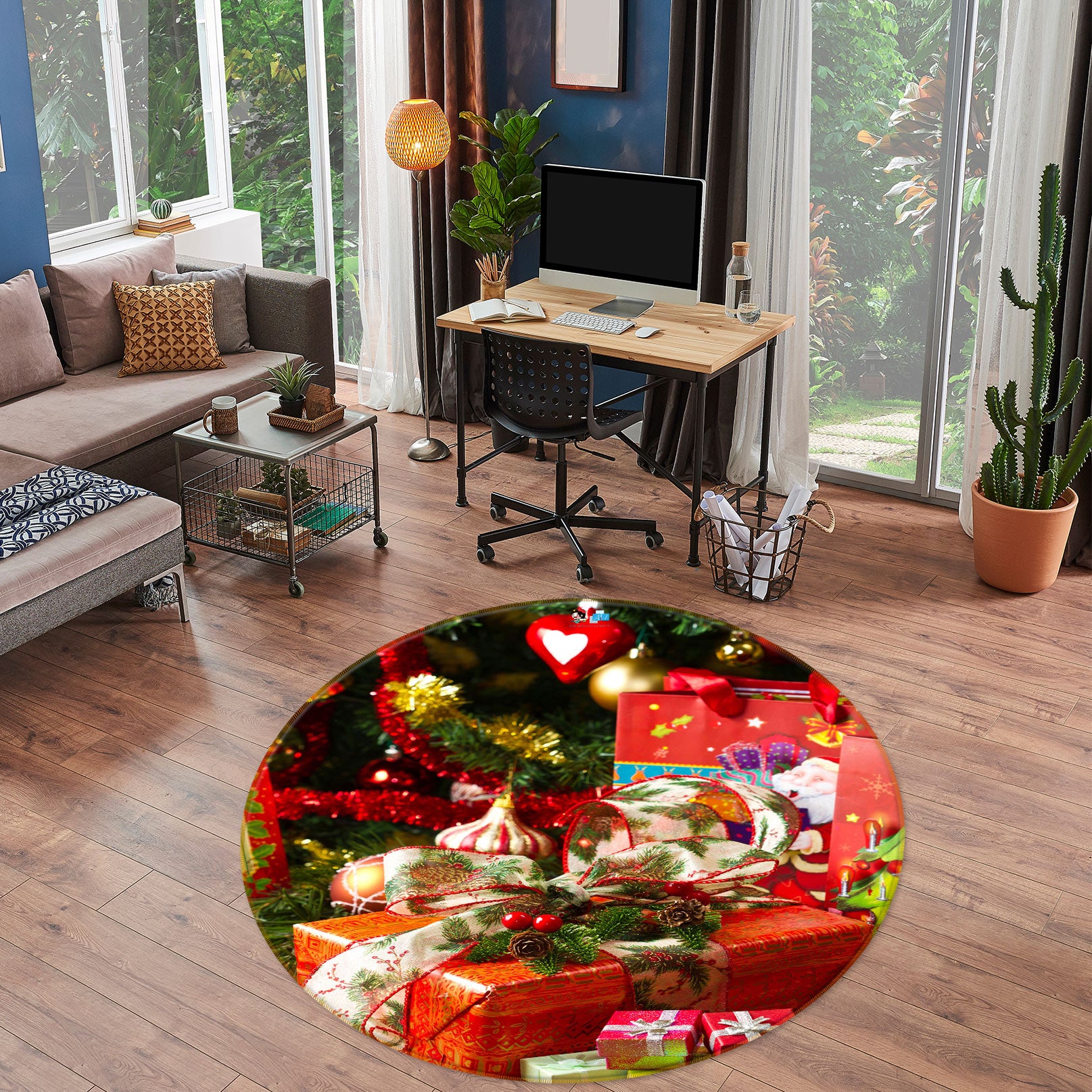 3D Gift Box 54010 Christmas Round Non Slip Rug Mat Xmas