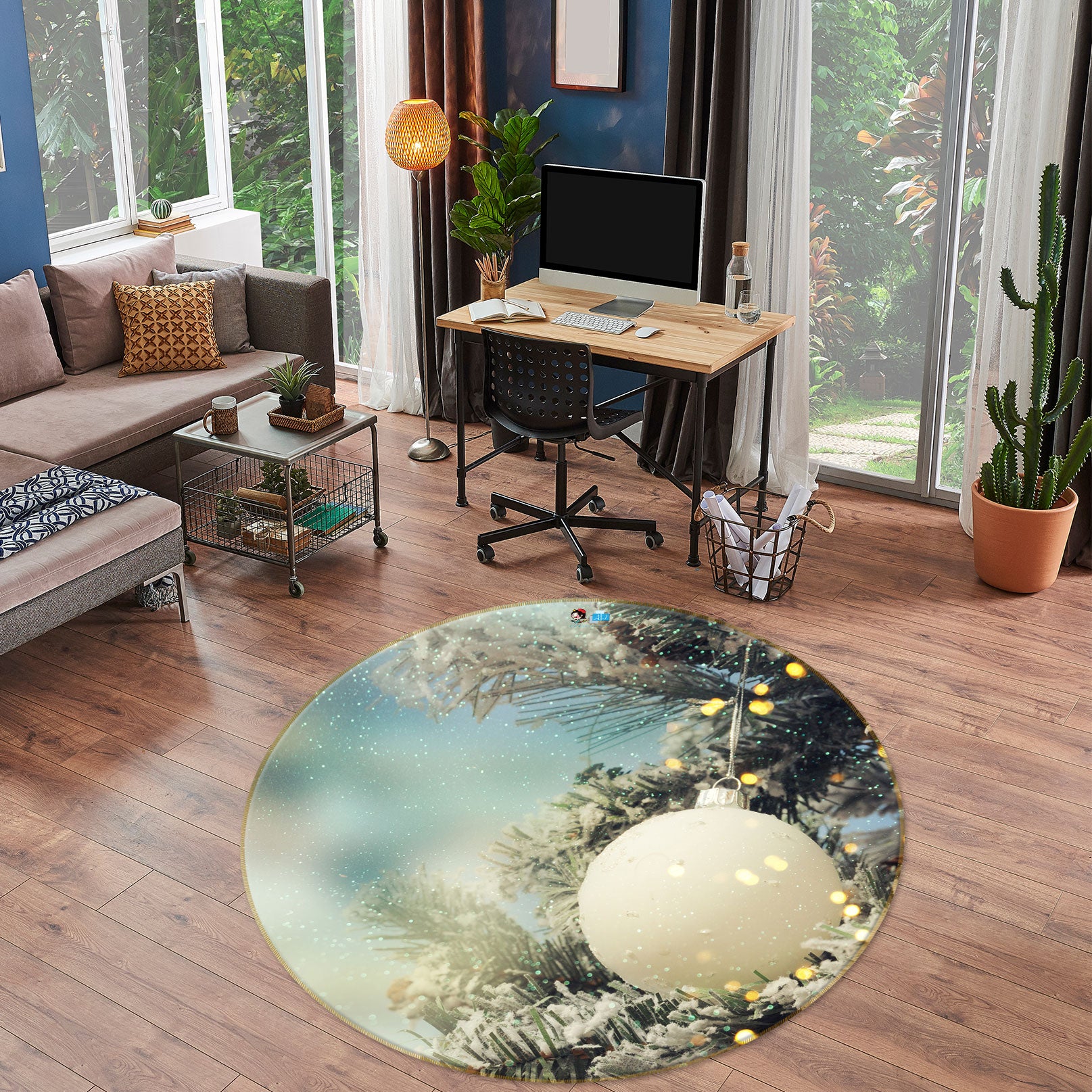 3D White Ball 54031 Christmas Round Non Slip Rug Mat Xmas