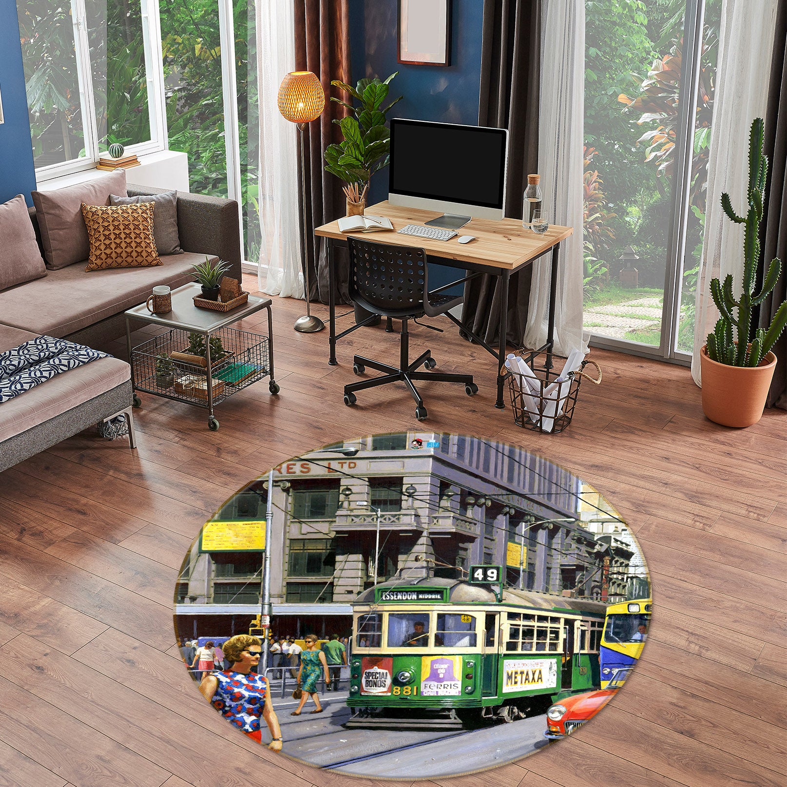 3D Green Tram 066 Kevin Walsh Rug Round Non Slip Rug Mat