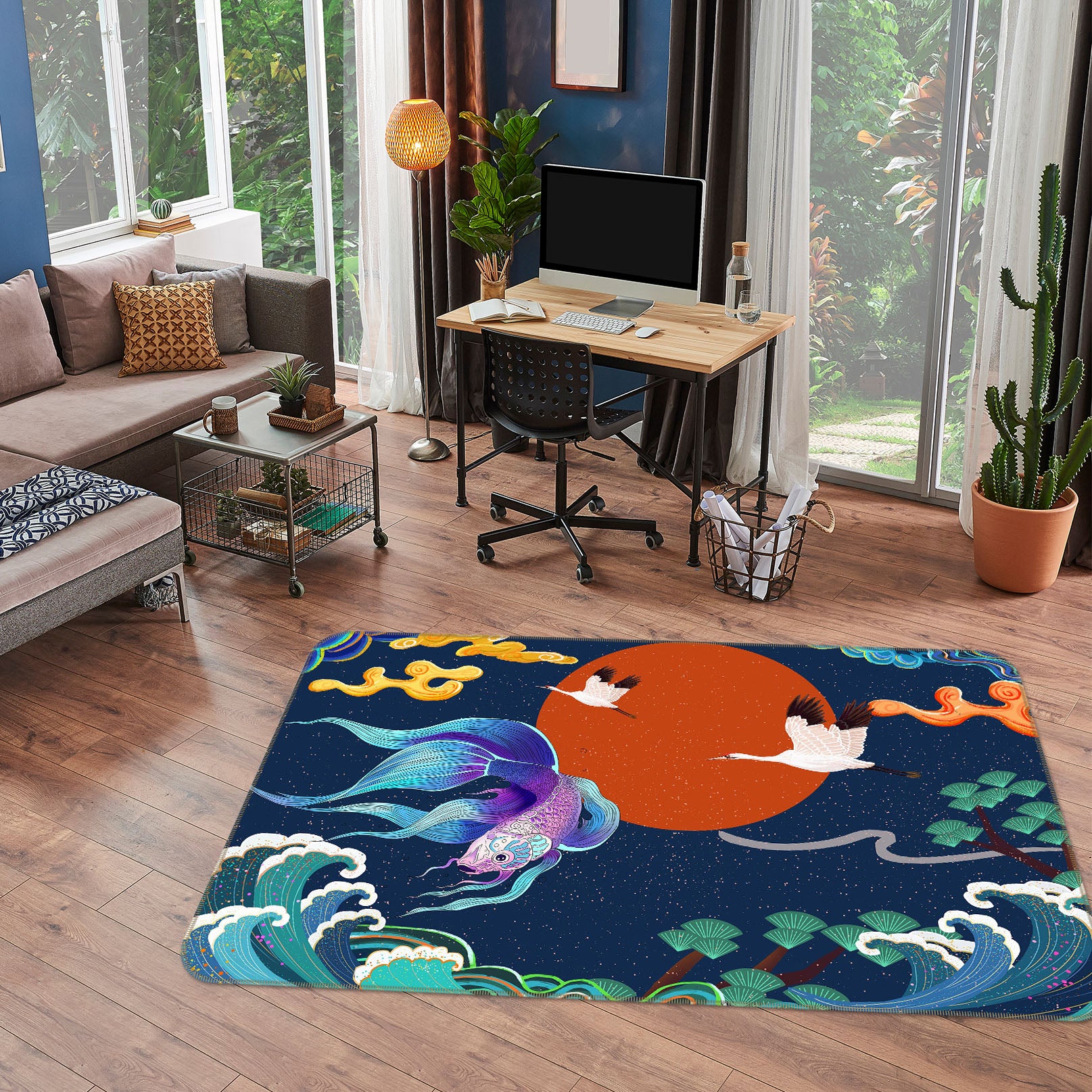3D Cloud Crane Fish Sun 65069 Non Slip Rug Mat