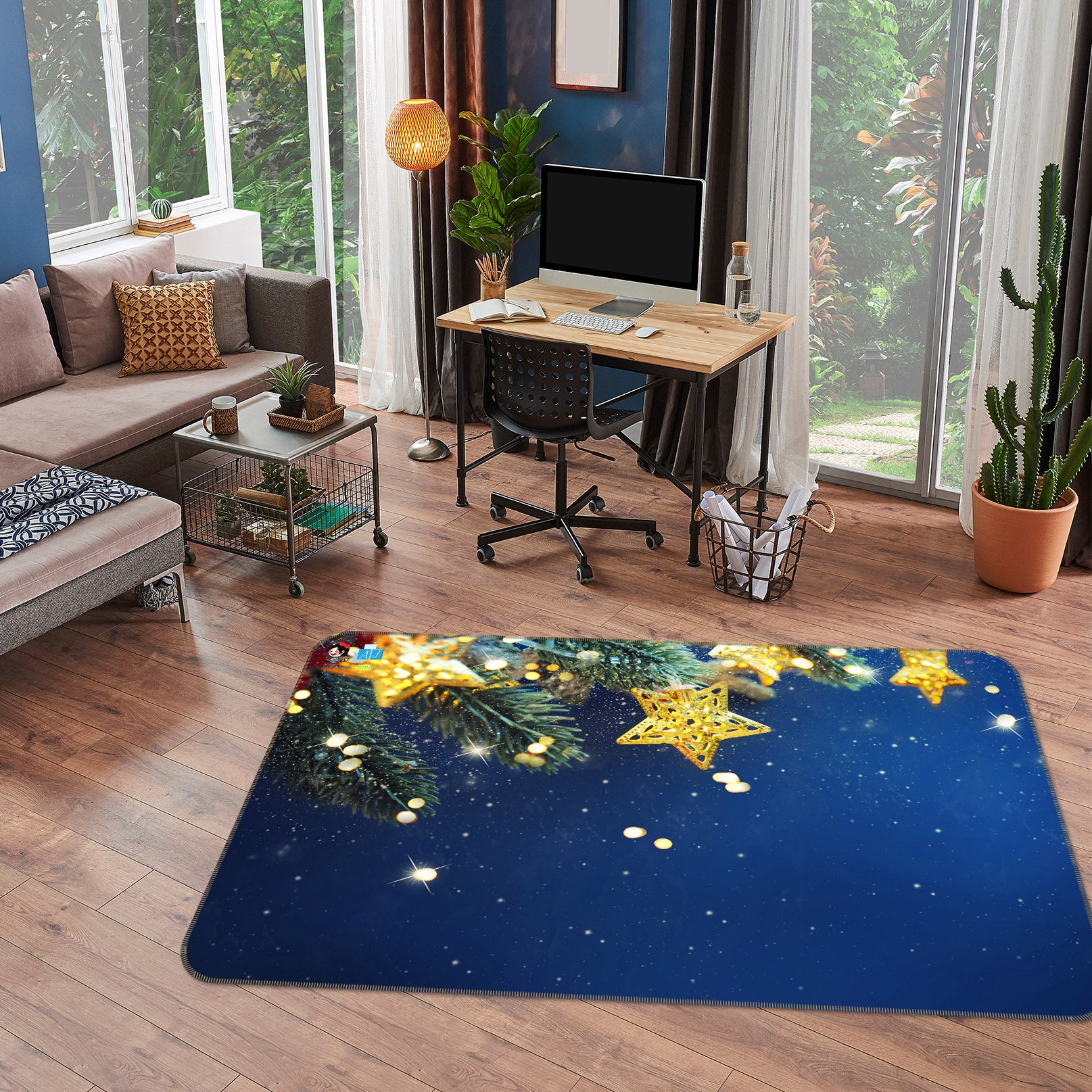 3D Branches Yellow Stars 55079 Christmas Non Slip Rug Mat Xmas