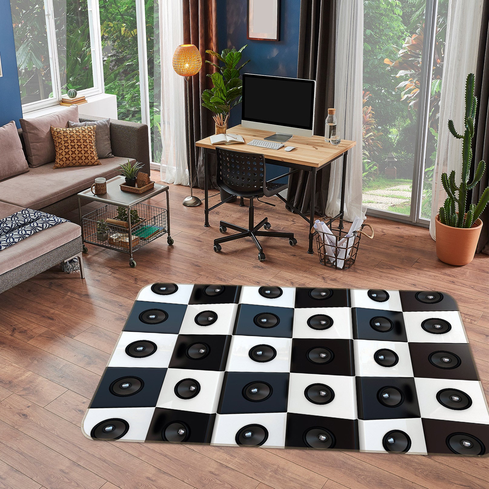 3D Black White Grid 76247 Non Slip Rug Mat