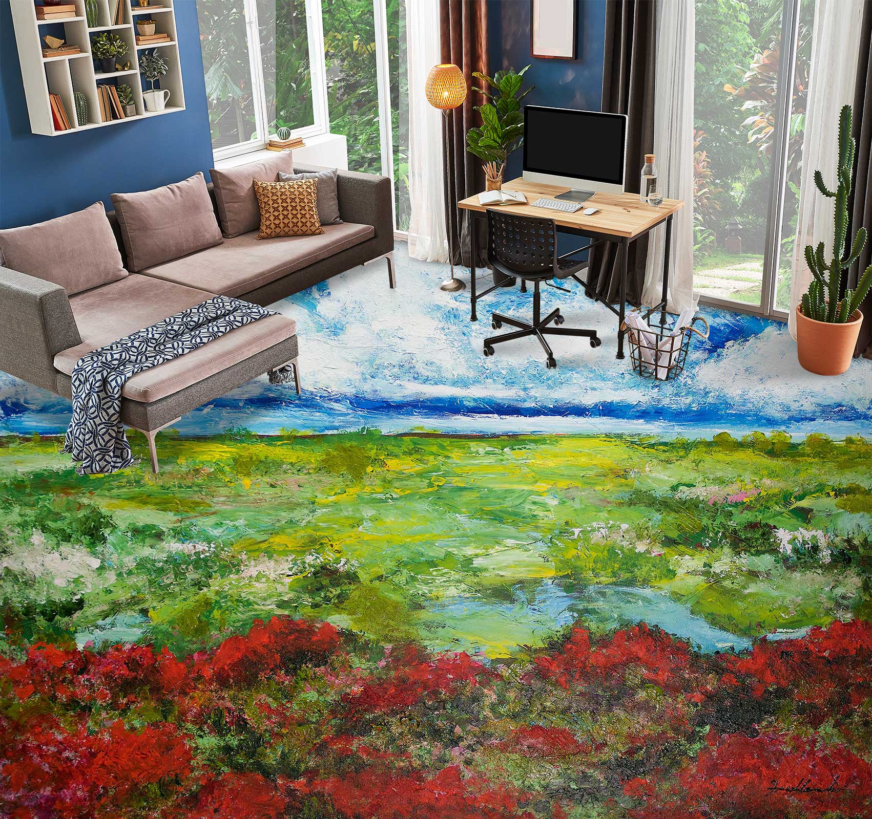 3D Red Flowers Green Grass 9666 Allan P. Friedlander Floor Mural