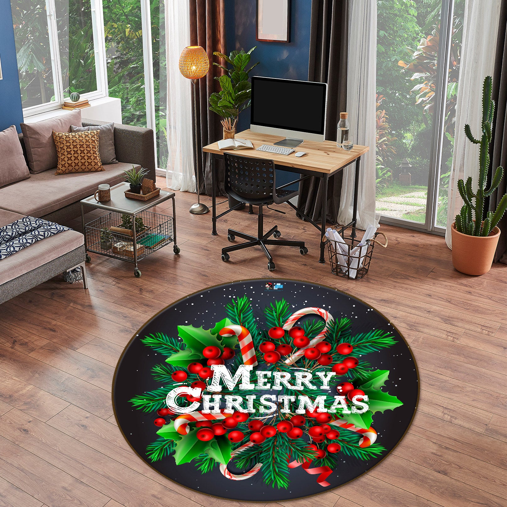 3D Red Fruit Leaves 74219 Round Non Slip Rug Mat