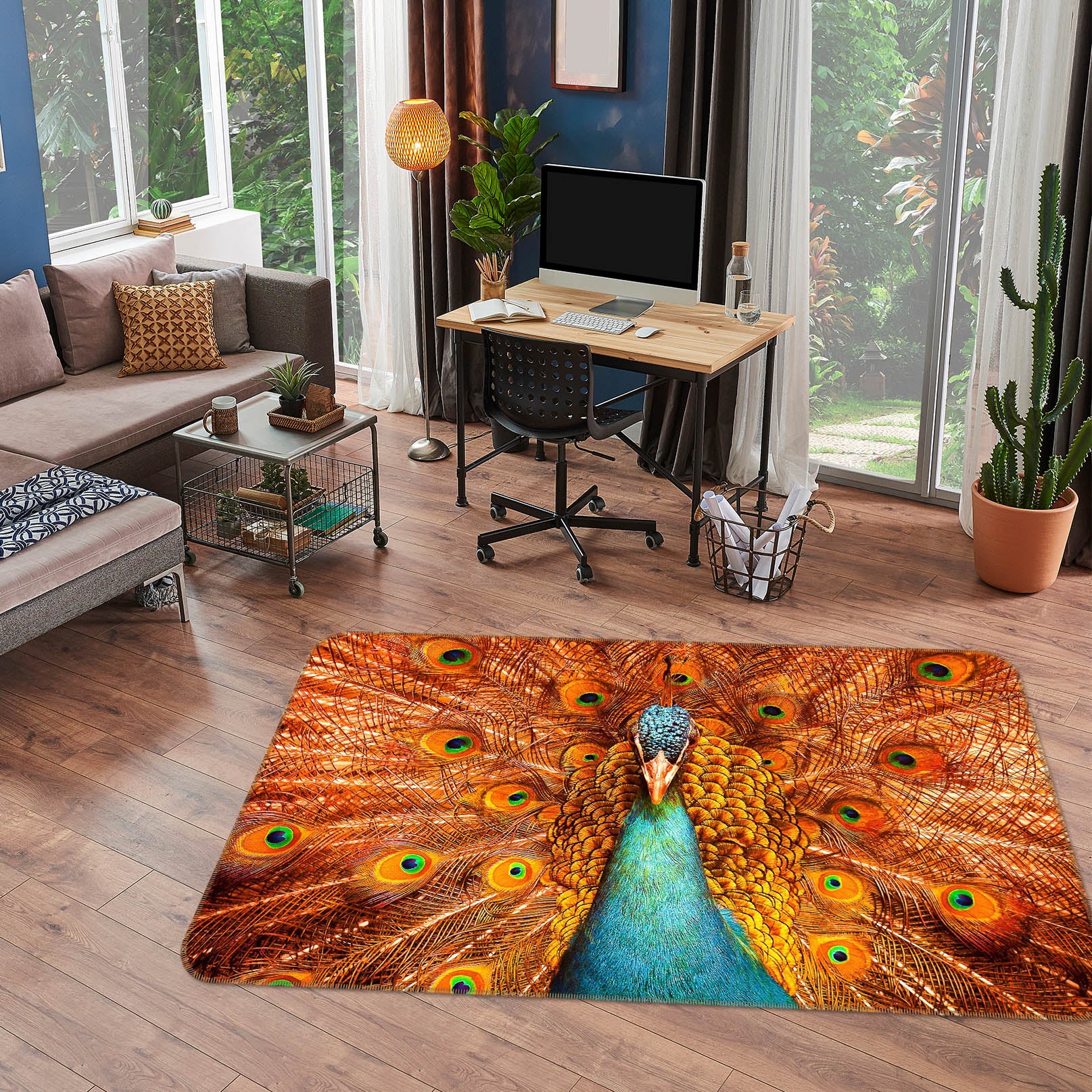 3D Orange Peacock 115 Animal Non Slip Rug Mat