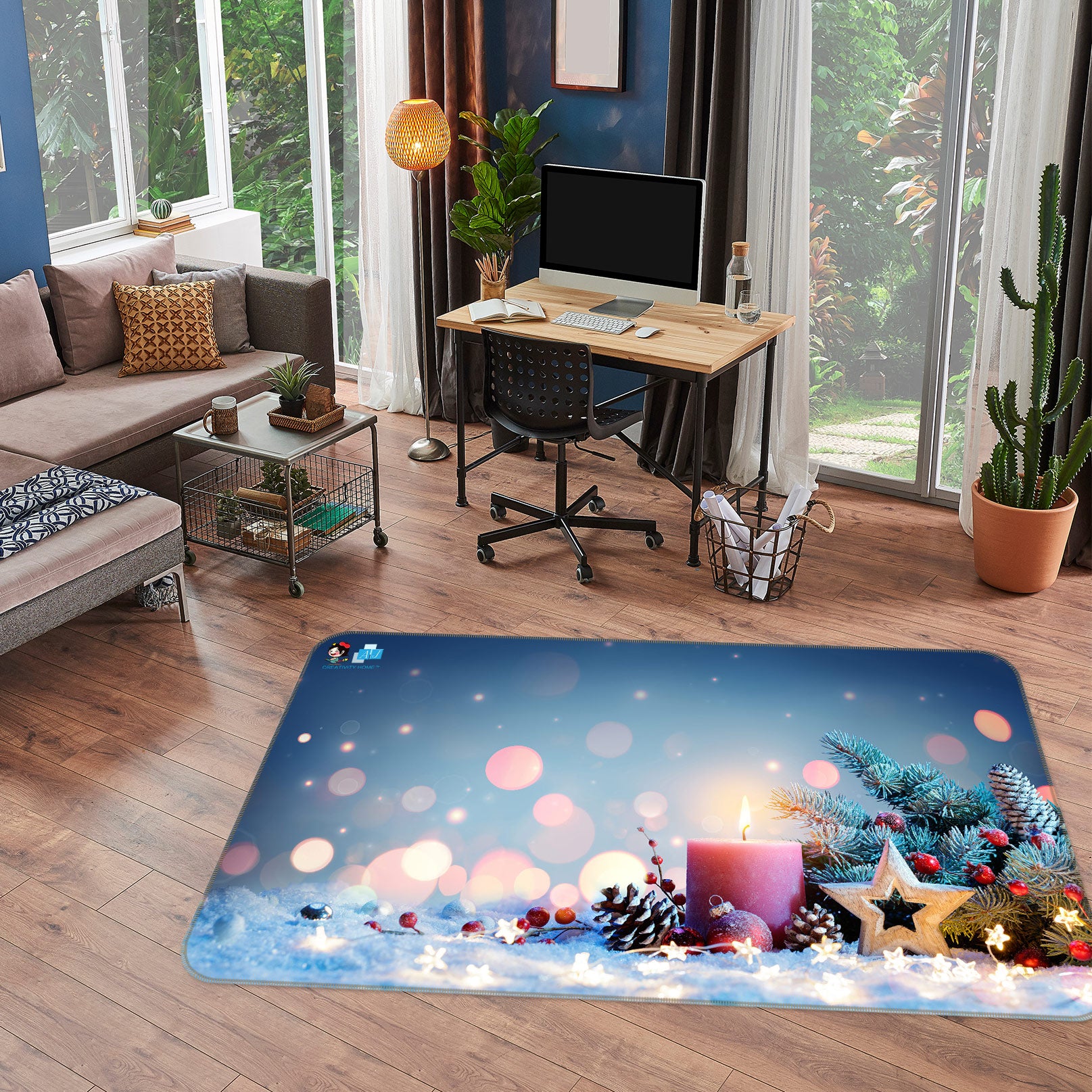 3D Candle Five-Pointed Star 54248 Christmas Non Slip Rug Mat Xmas