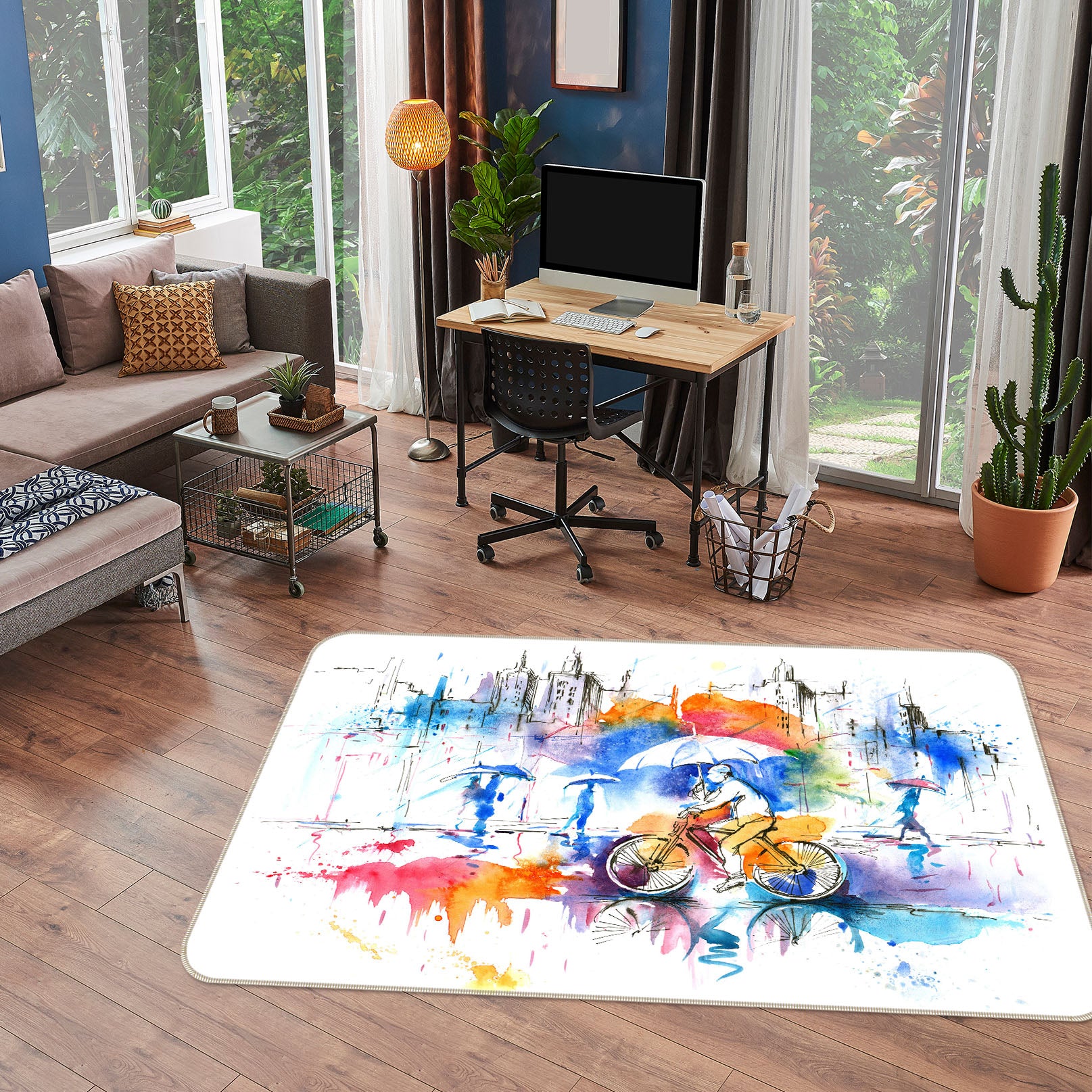 3D Watercolor Car Umbrella 65110 Non Slip Rug Mat