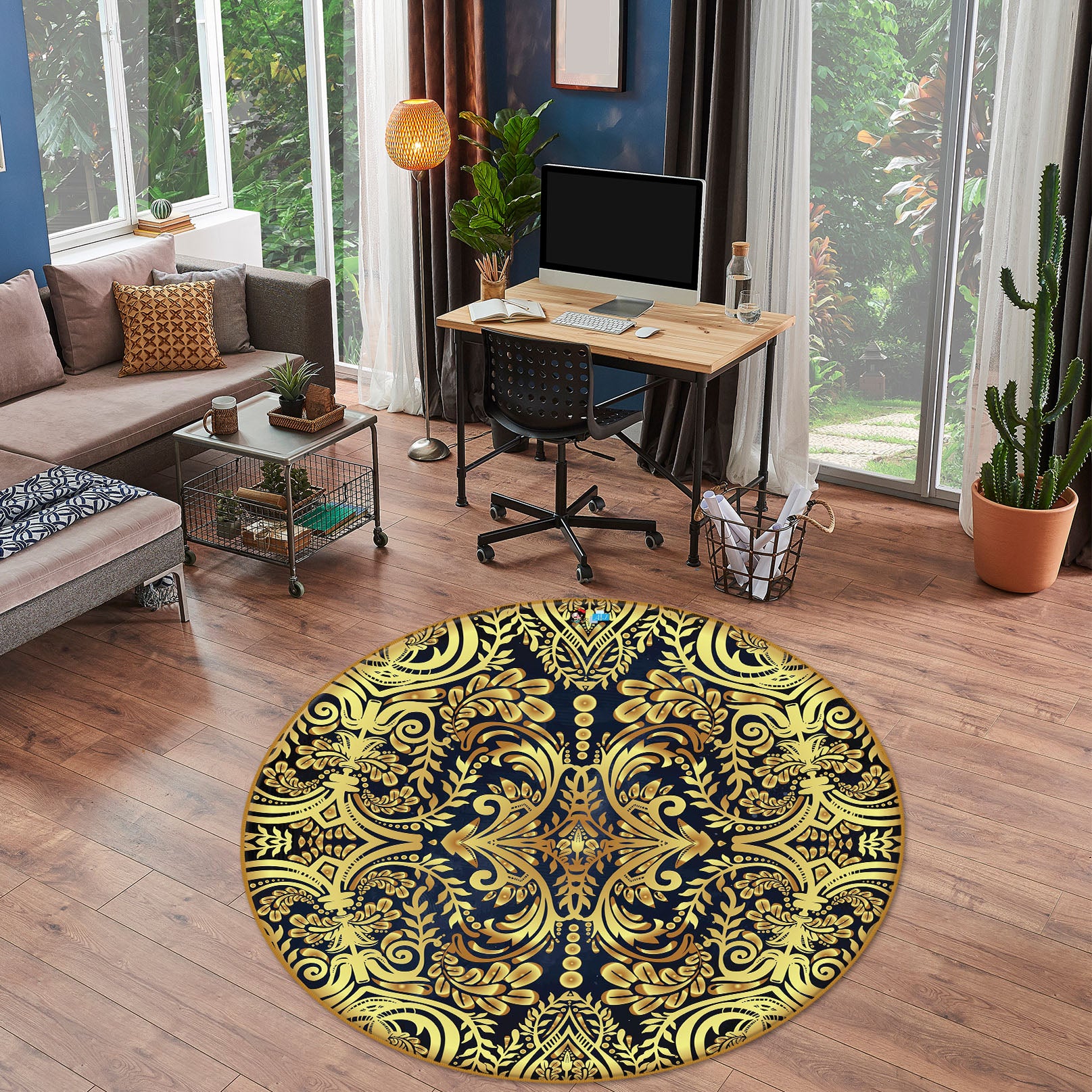 3D Golden Pattern Totem 74278 Round Non Slip Rug Mat