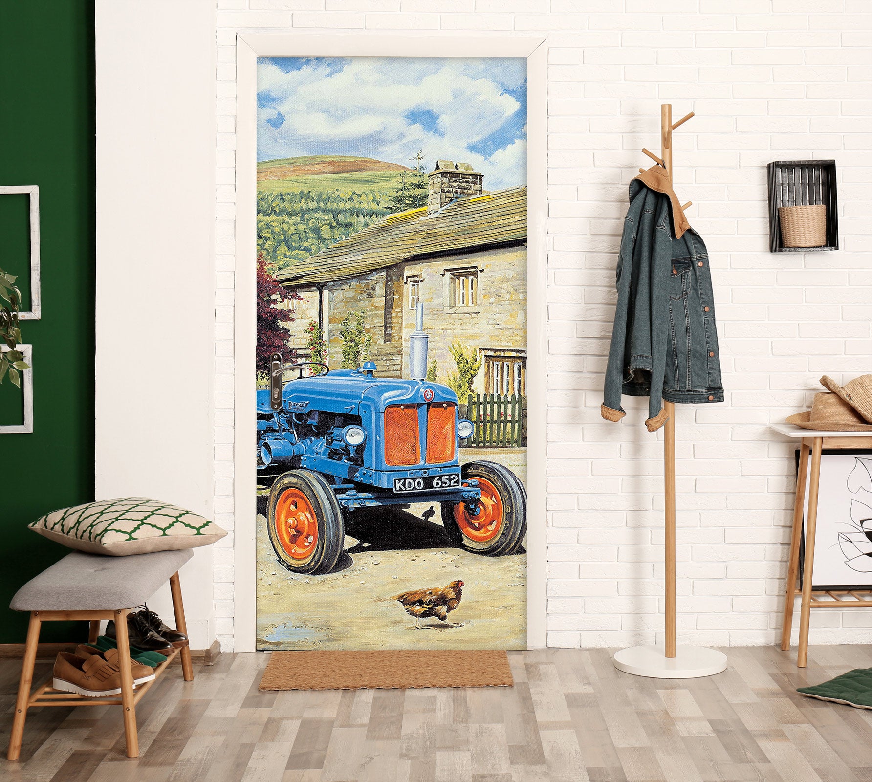 3D Blue Tractor Chicken 103160 Trevor Mitchell Door Mural