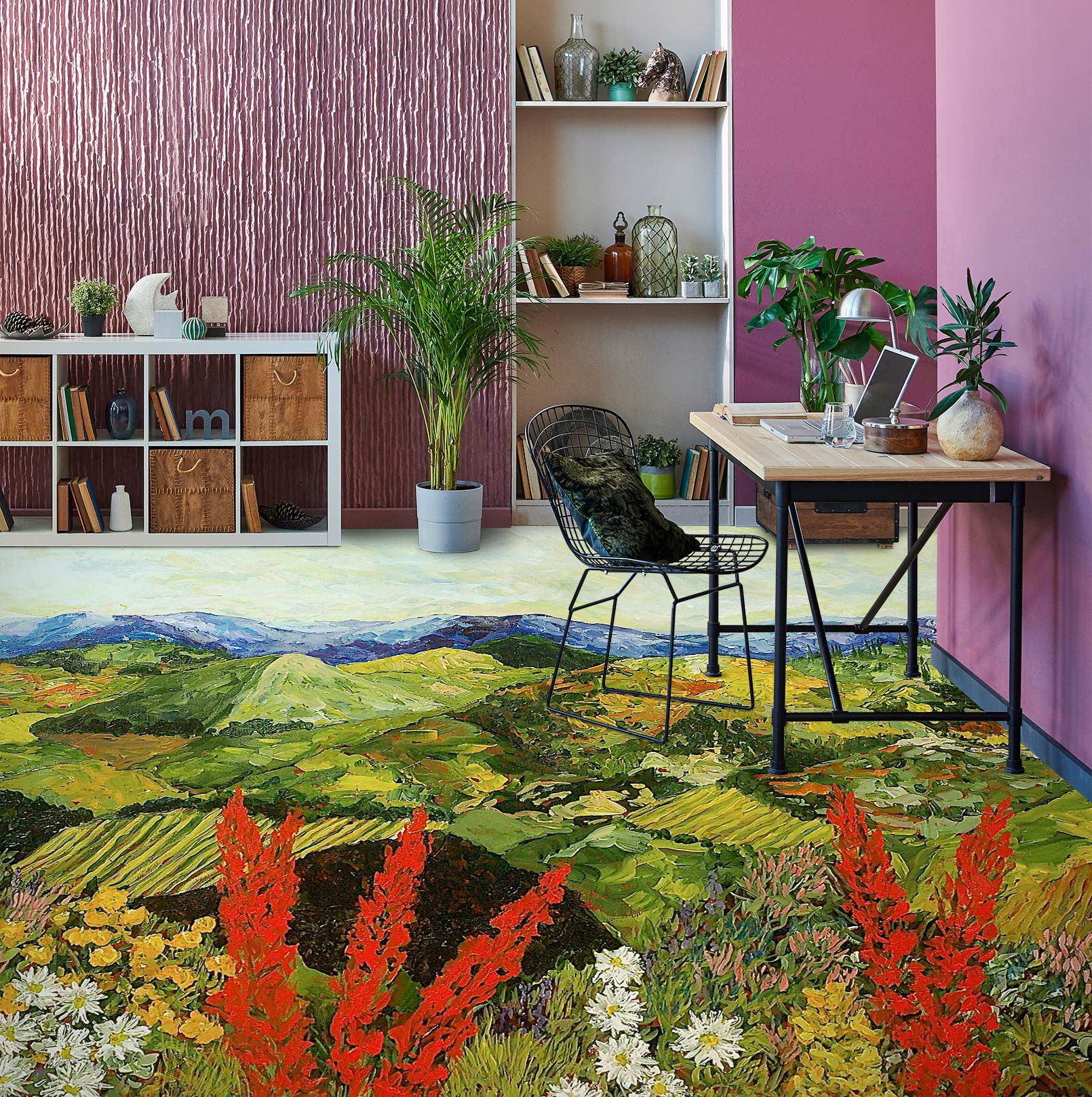 3D Green Hillside Red Flowers 9542 Allan P. Friedlander Floor Mural