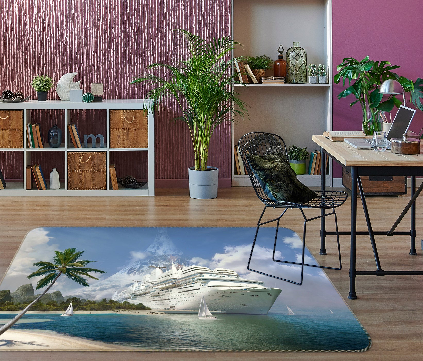 3D Seaside Coconut Tree Steamship 68079 Vehicle Non Slip Rug Mat