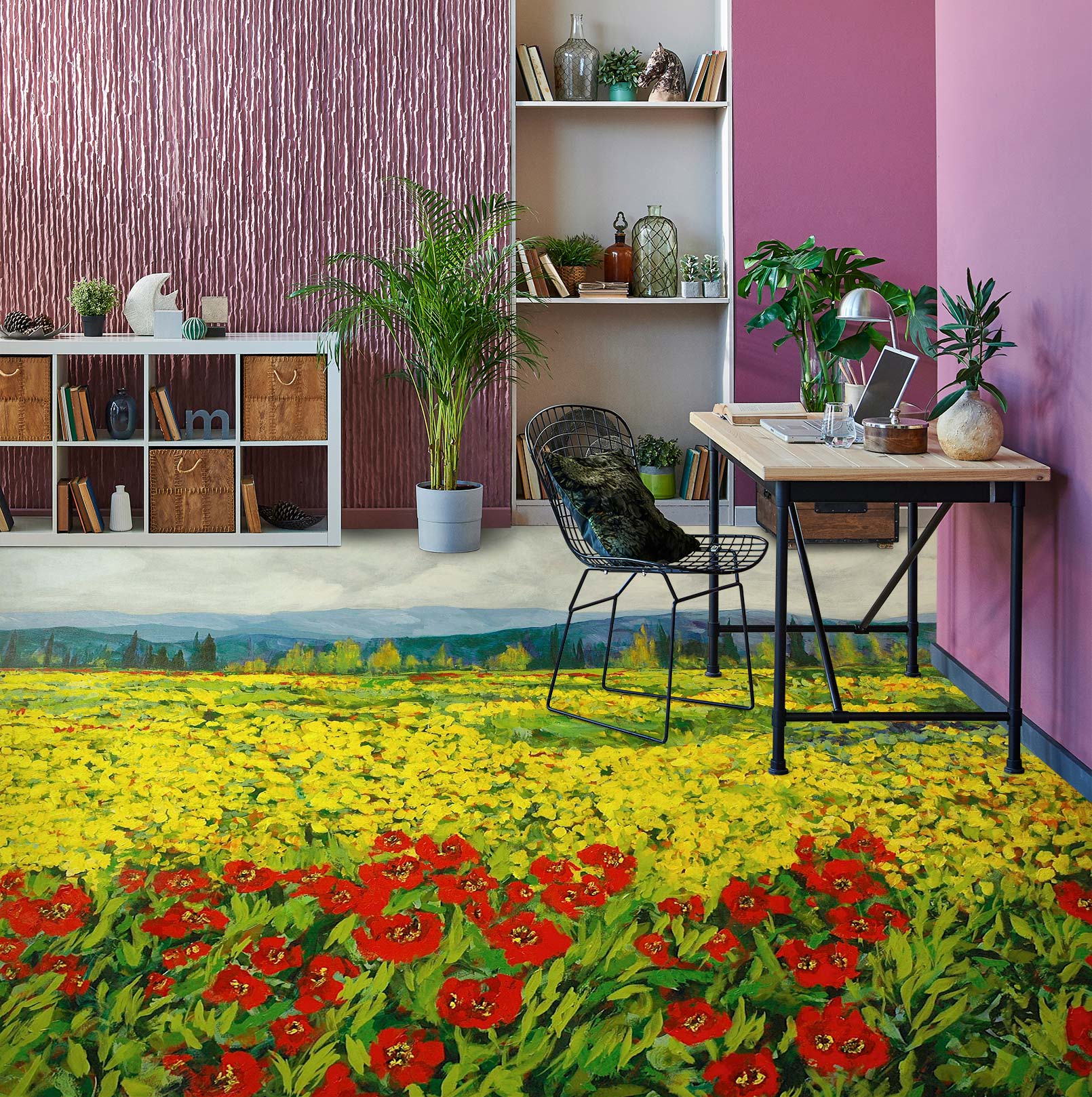 3D Red Yellow Flower Bush 9539 Allan P. Friedlander Floor Mural