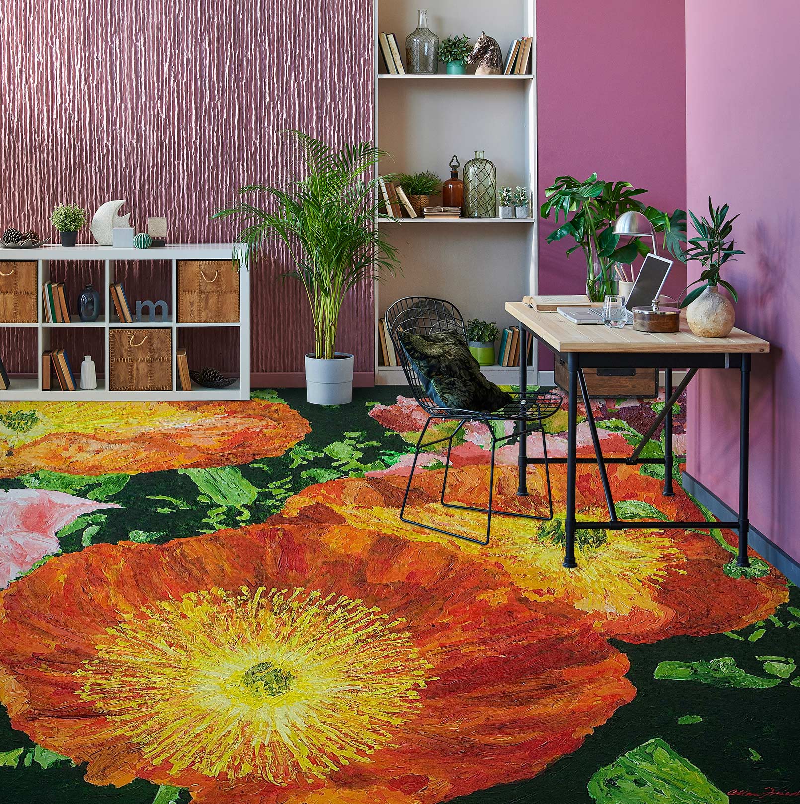 3D Red Flower Yellow Core 9570 Allan P. Friedlander Floor Mural