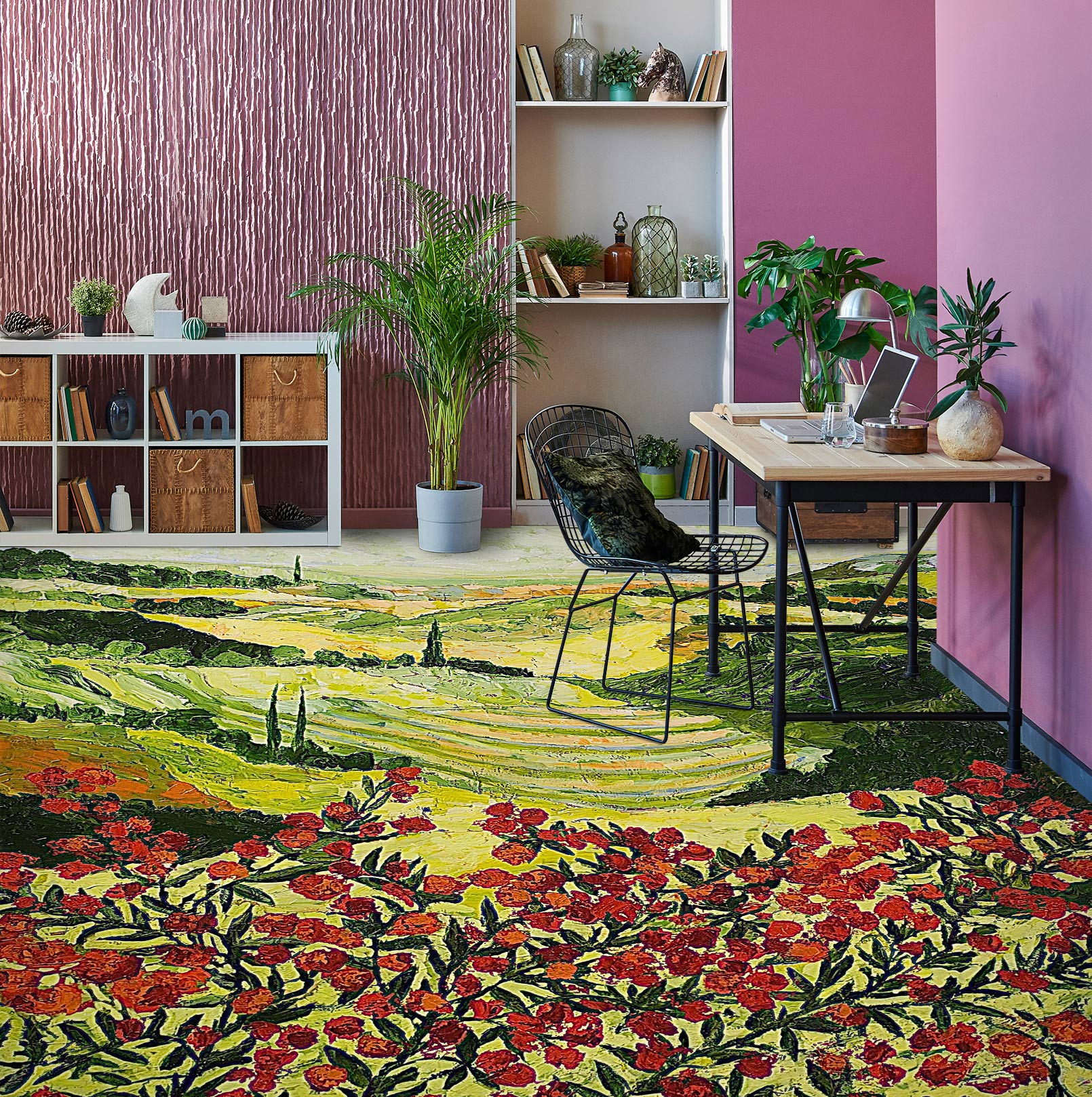 3D Red Flowers Lawn 9525 Allan P. Friedlander Floor Mural